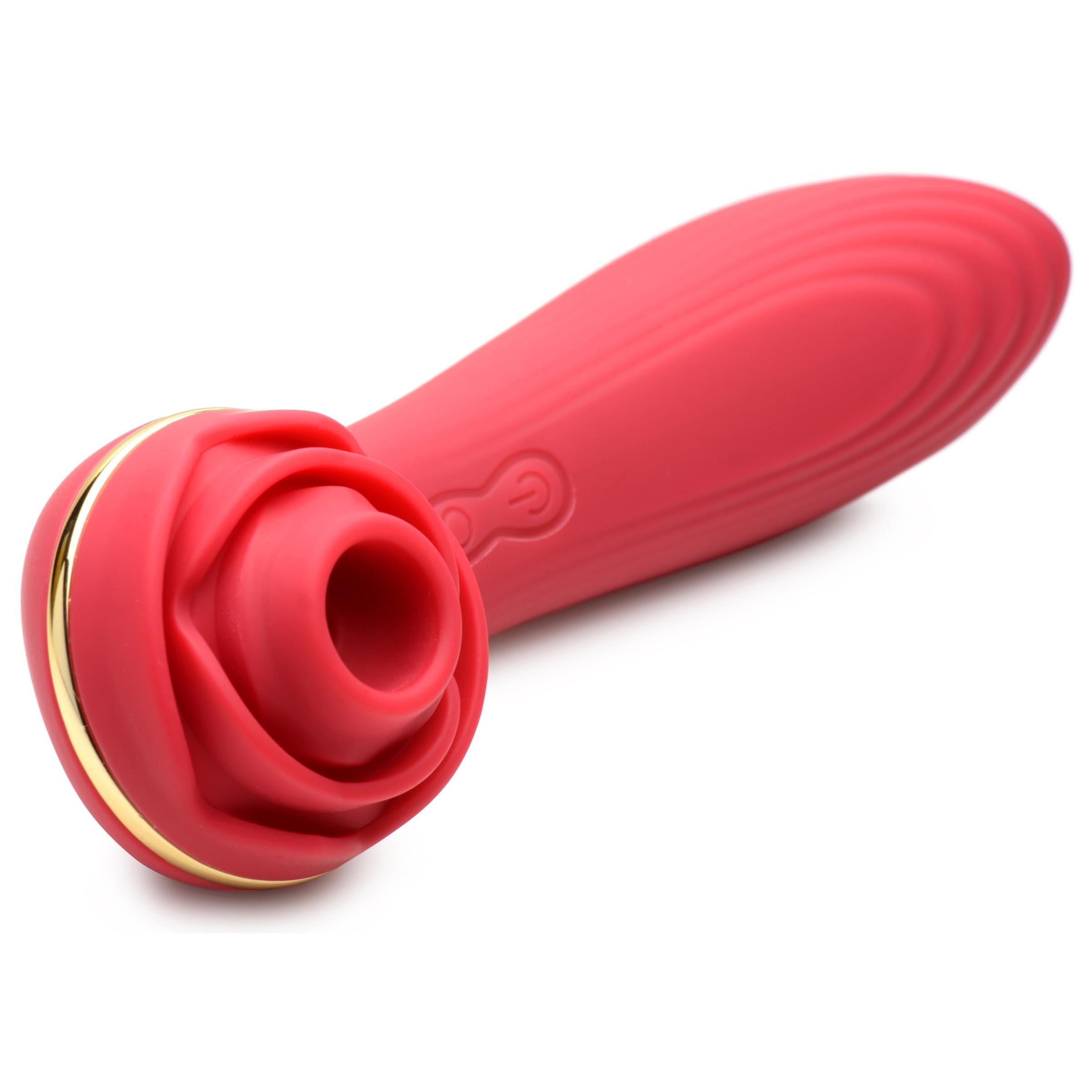 Silicone rose-shaped vibrator with a metallic gold accent