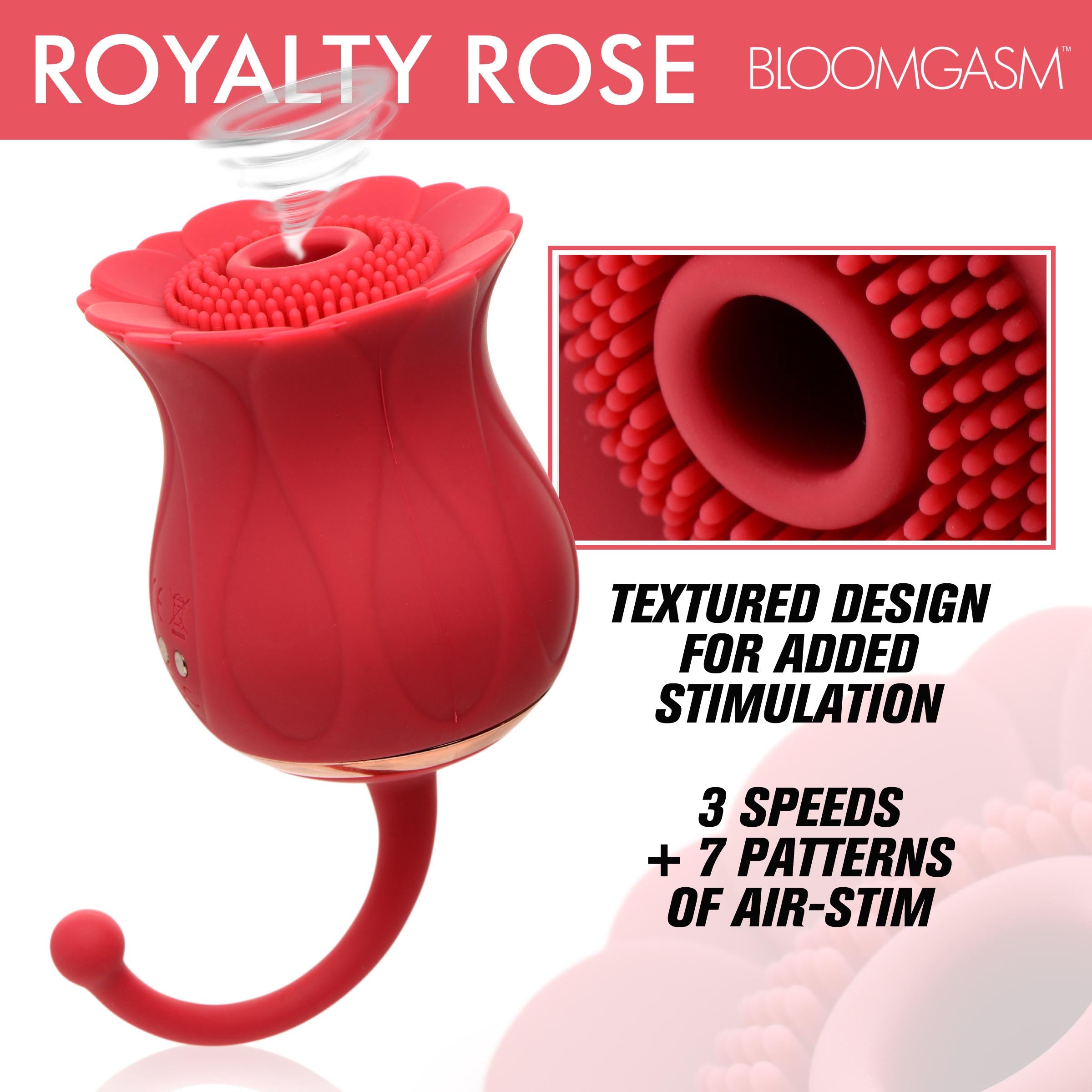 The Royalty Rose Textured Suction Clit Stimulator in a striking red color