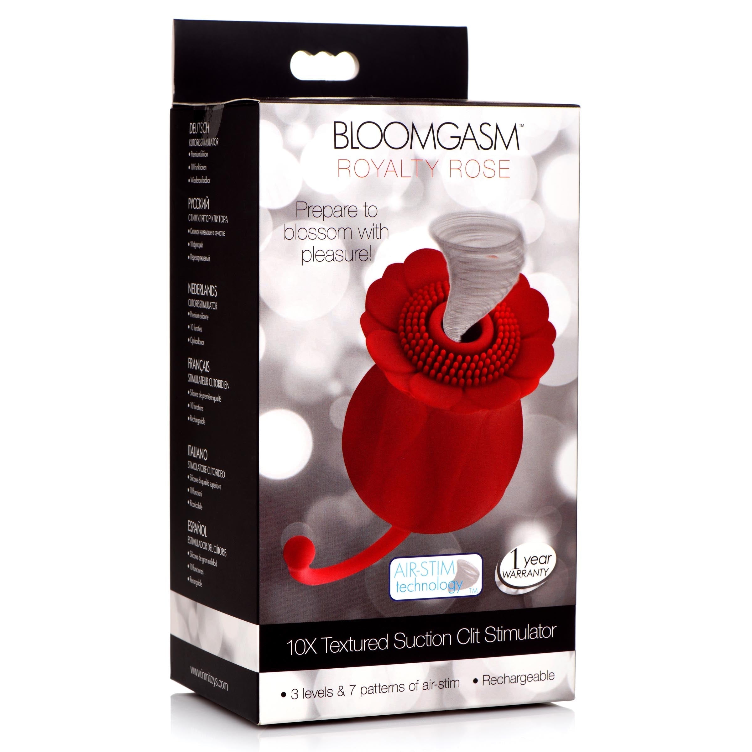 Packaging of the Royalty Rose Clit Stimulator with the product visible inside