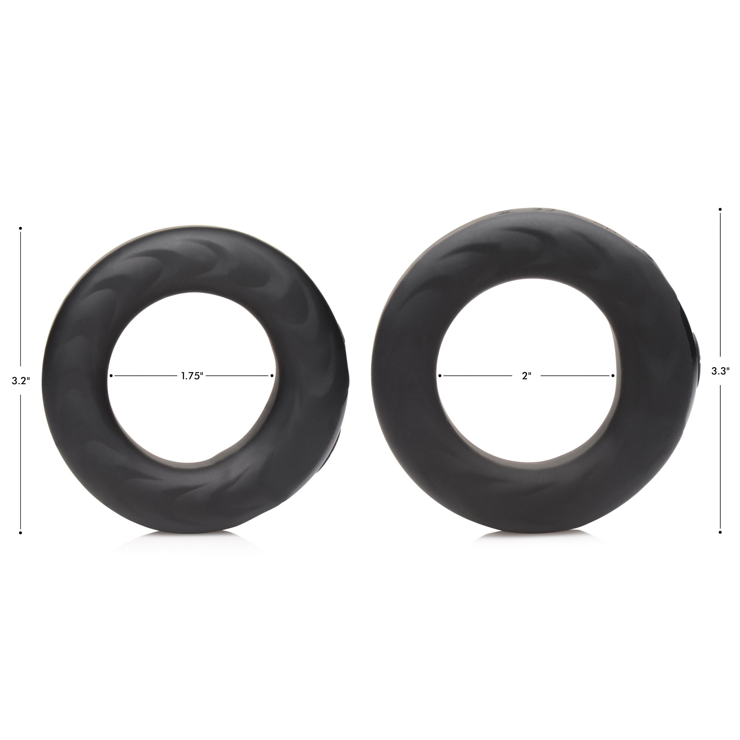 Pair of black silicone E-stim Pro vibrating cock rings with size indicators