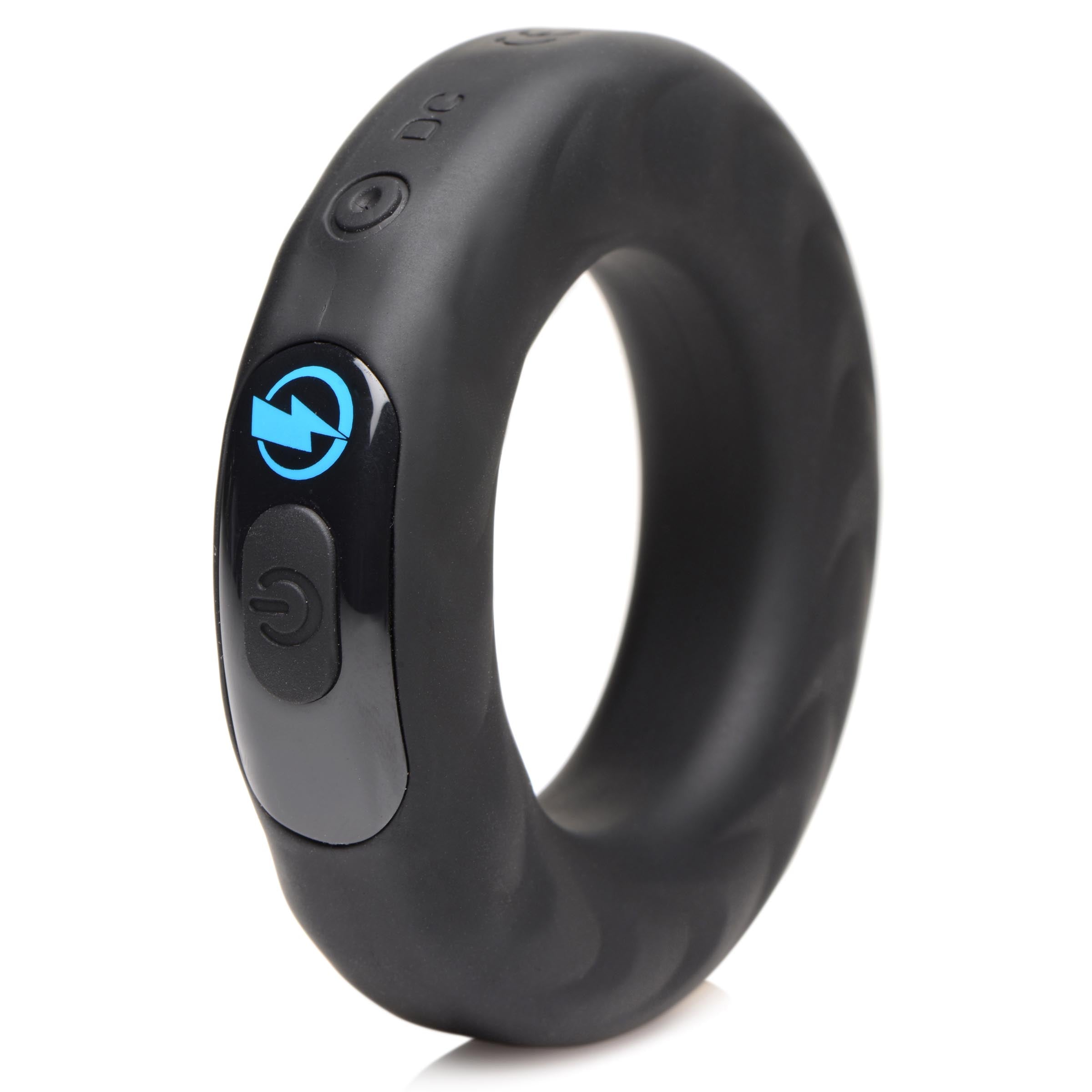 Silicone vibrating cock ring with illuminated blue details from the E-stim Pro series