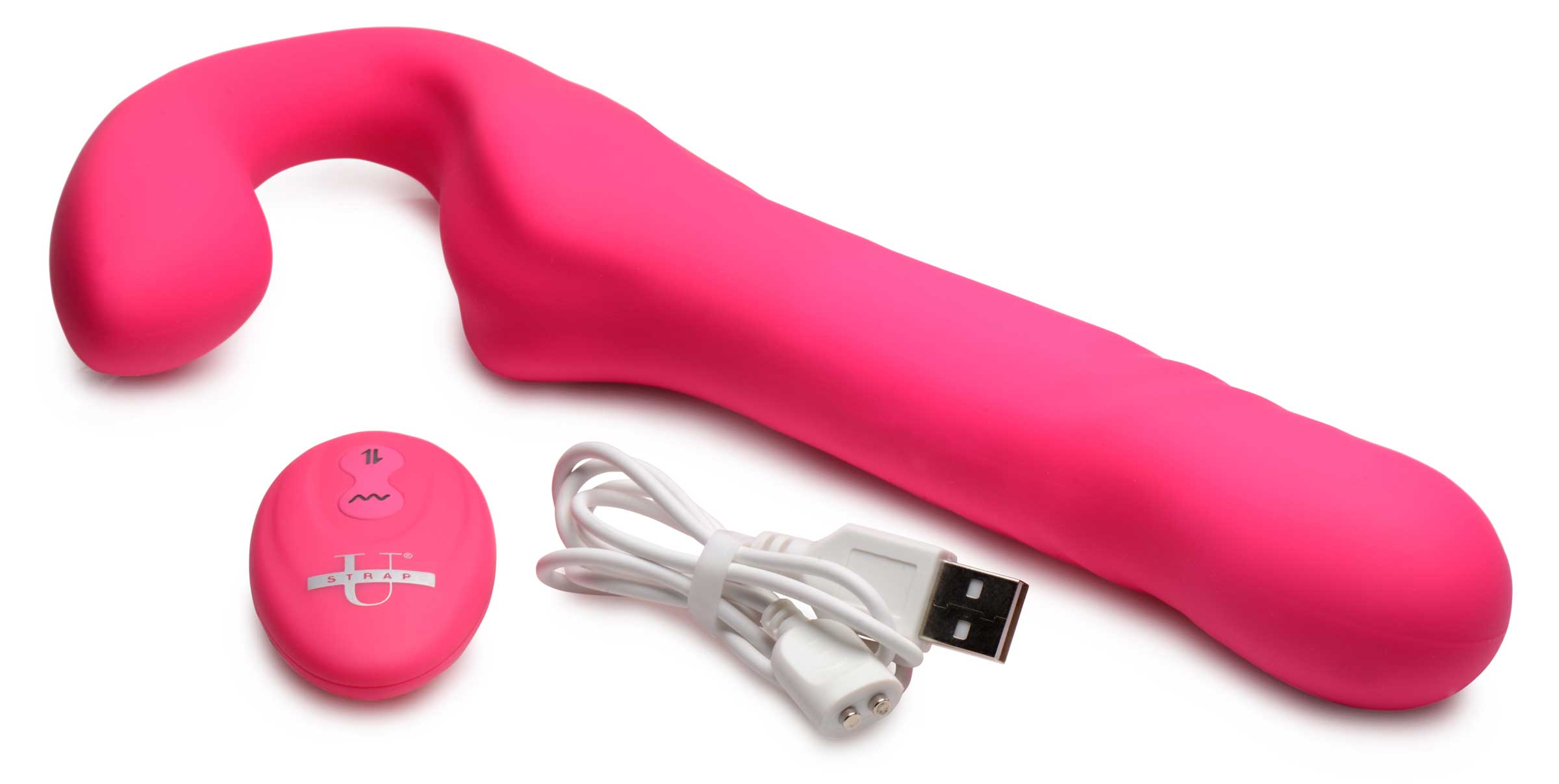 Pink strapless strap-on with thrusting and vibrating features and a remote control