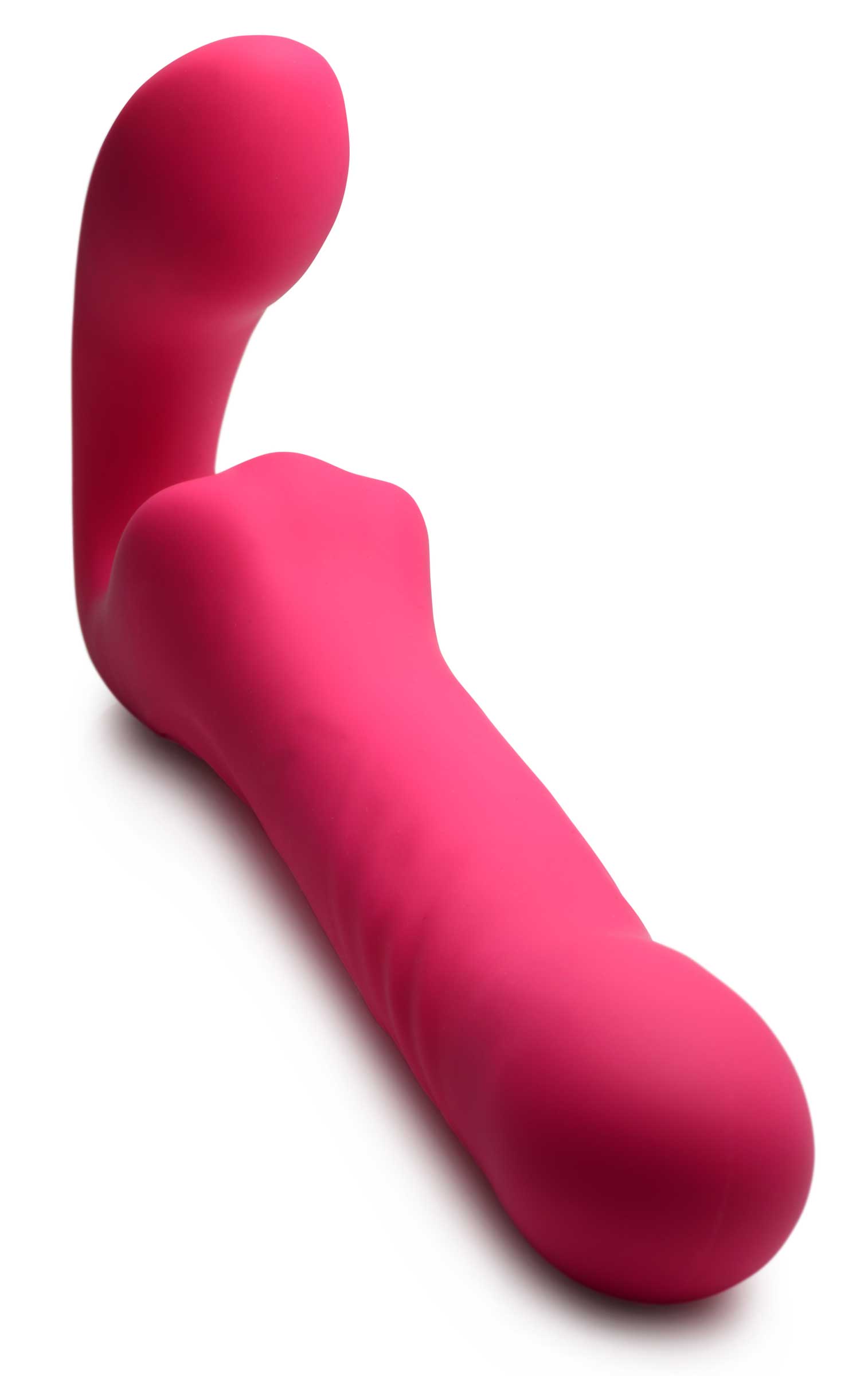 Strapless strap-on with vibrating and thrusting functions isolated on a white backdrop