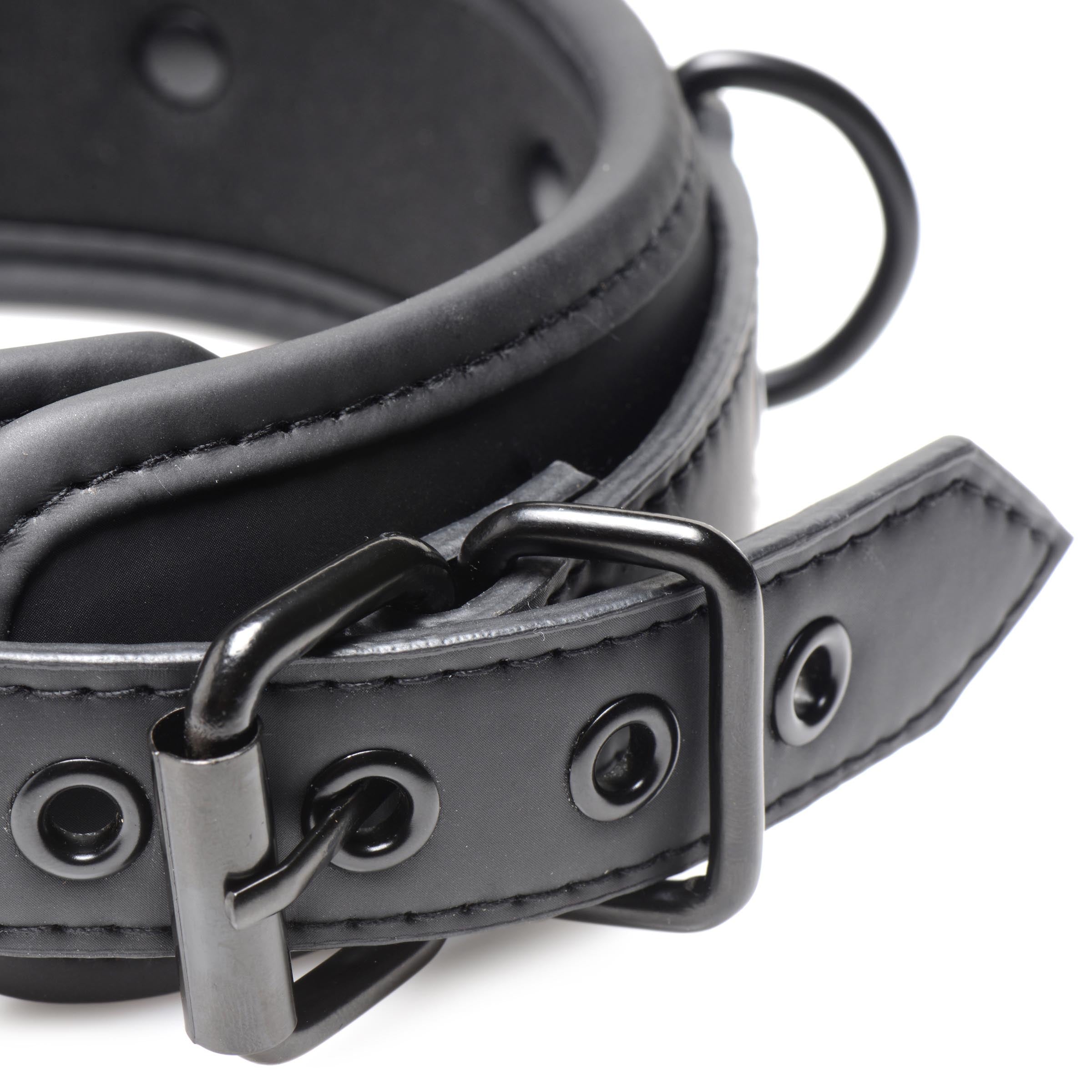 Black leather Collared Temptress collar featuring adjustable metal buckles