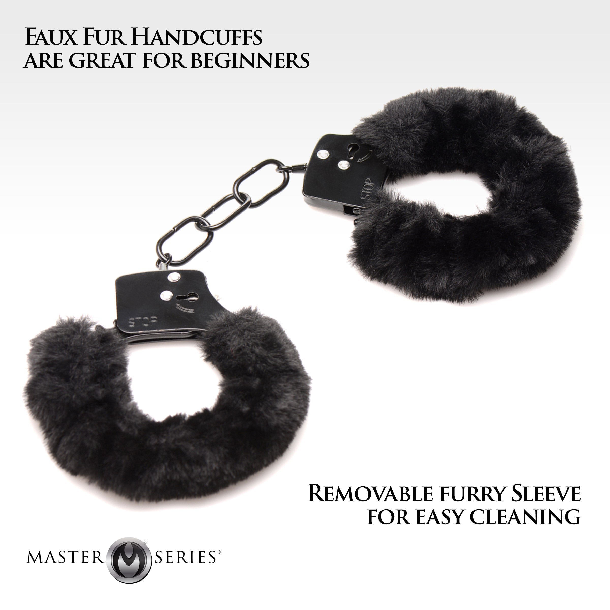 Black furry handcuffs with descriptive text emphasizing their quality