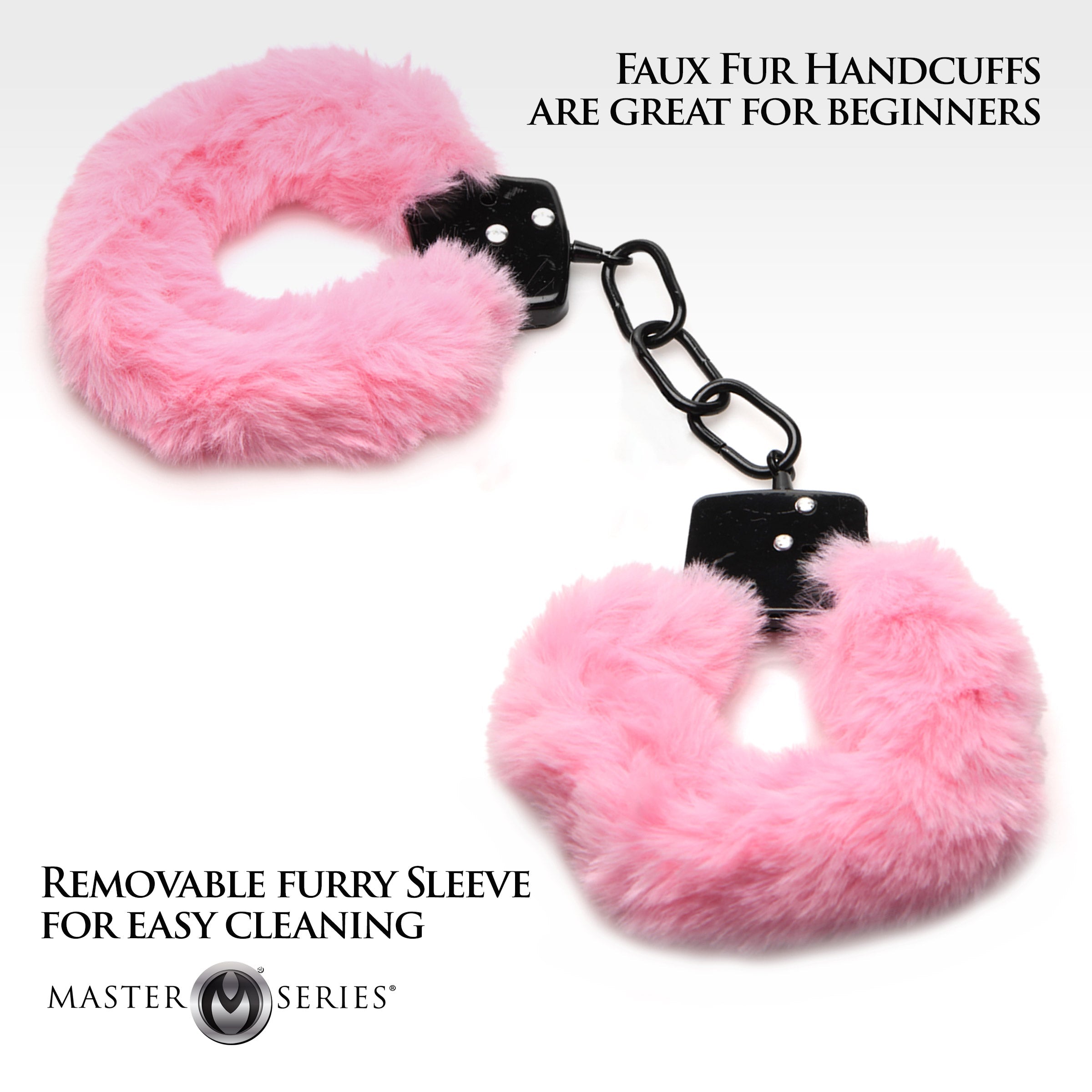 Pink furry handcuffs connected by a chain with a locking mechanism