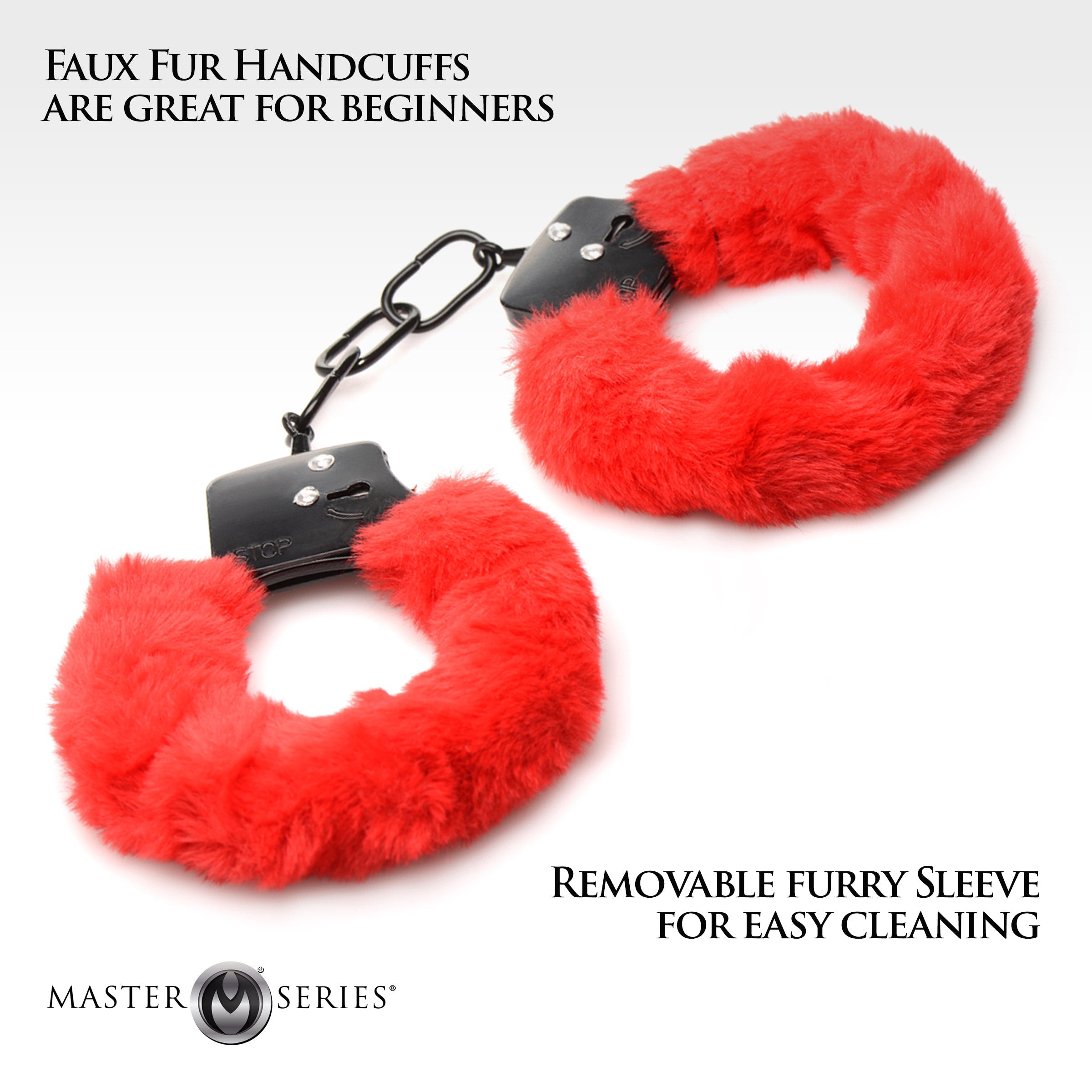 Red furry handcuffs featuring a chain and secure lock