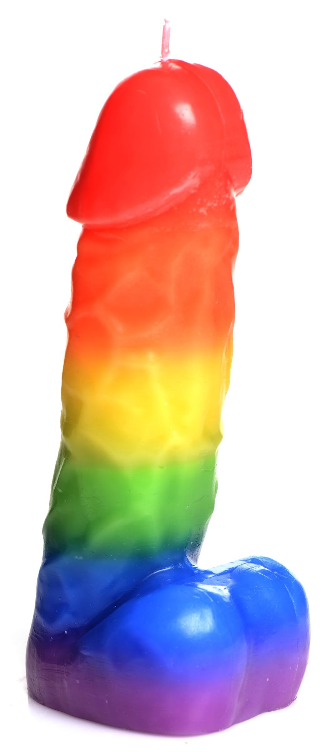 Rainbow-hued Pride Pecker candle shaped like a phallus