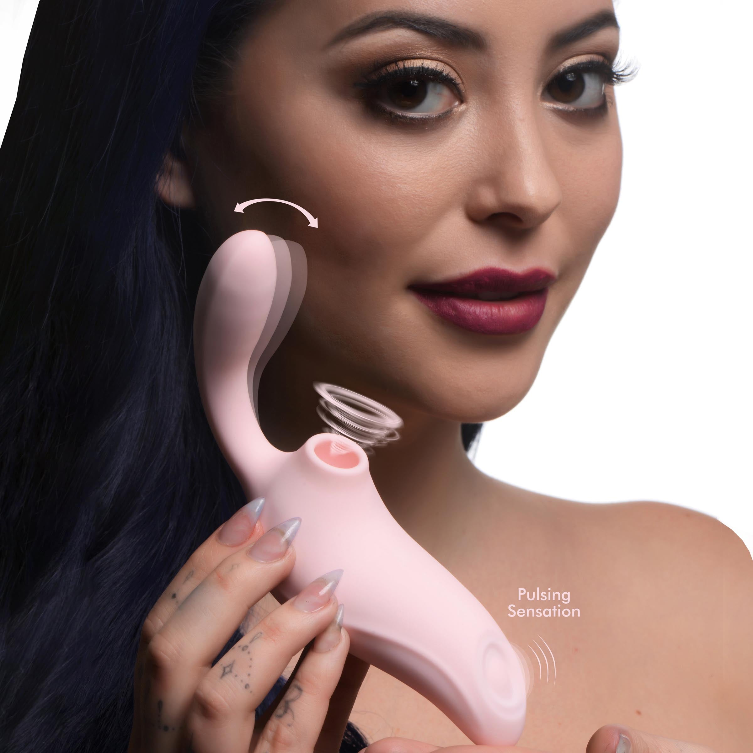 Woman demonstrating how to hold the 3 Way Elixir Sucking and Pulsing Vibrator