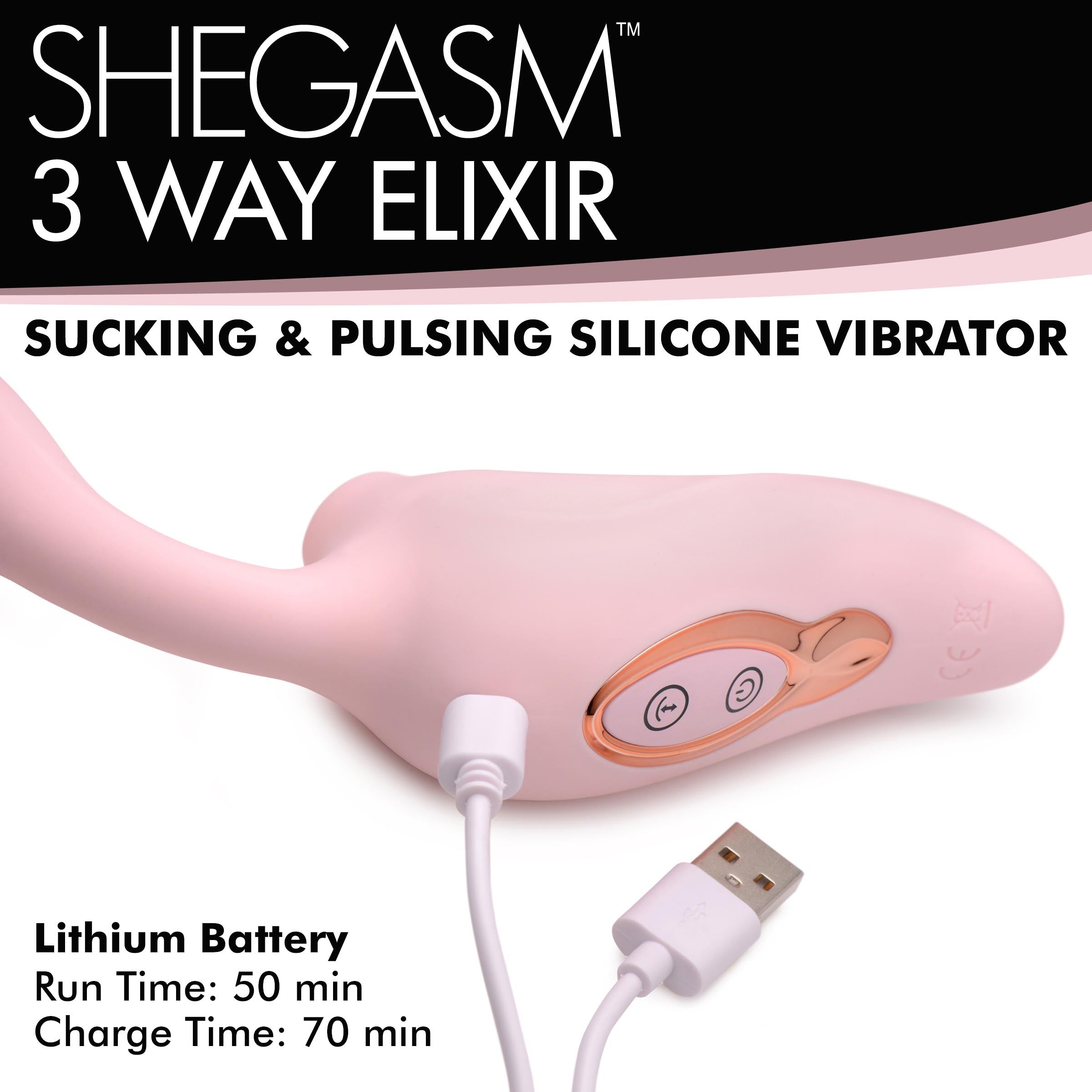 Close-up of the 3 Way Elixir Sucking and Pulsing Vibrator in pink