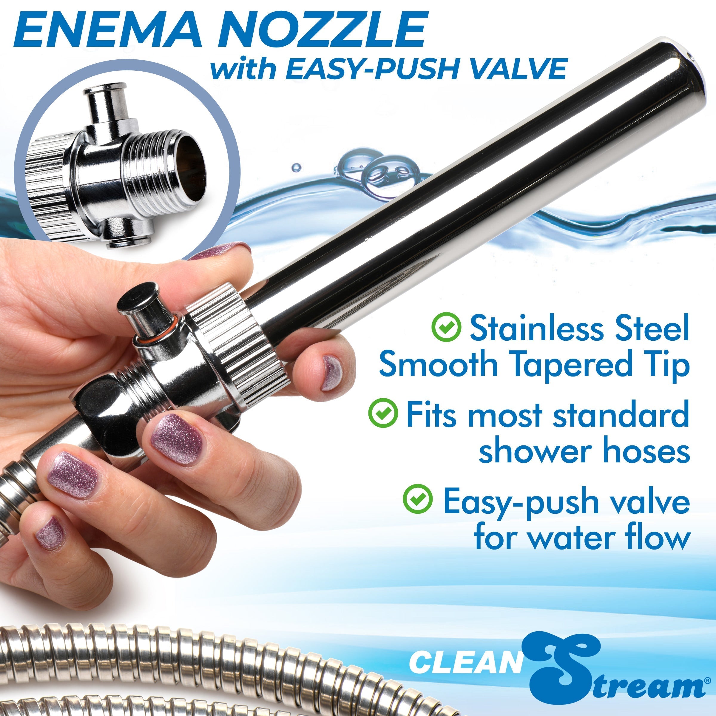 Individual showcasing the enema nozzle equipped with an easy-to-operate shut-off valve