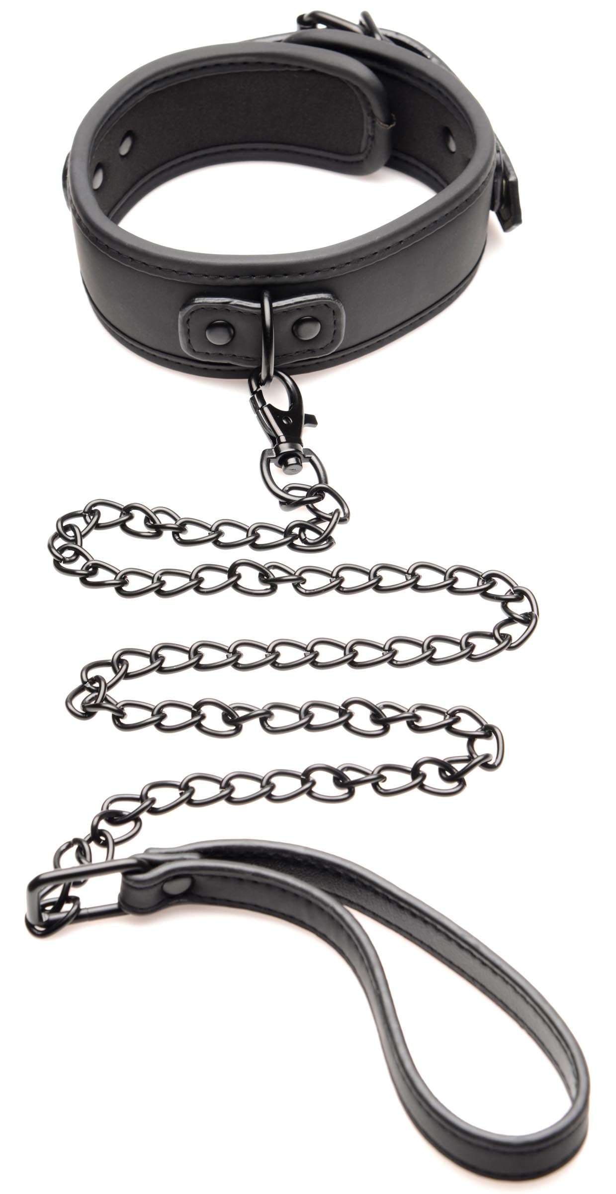 Leather bondage collar with attached chain and leash