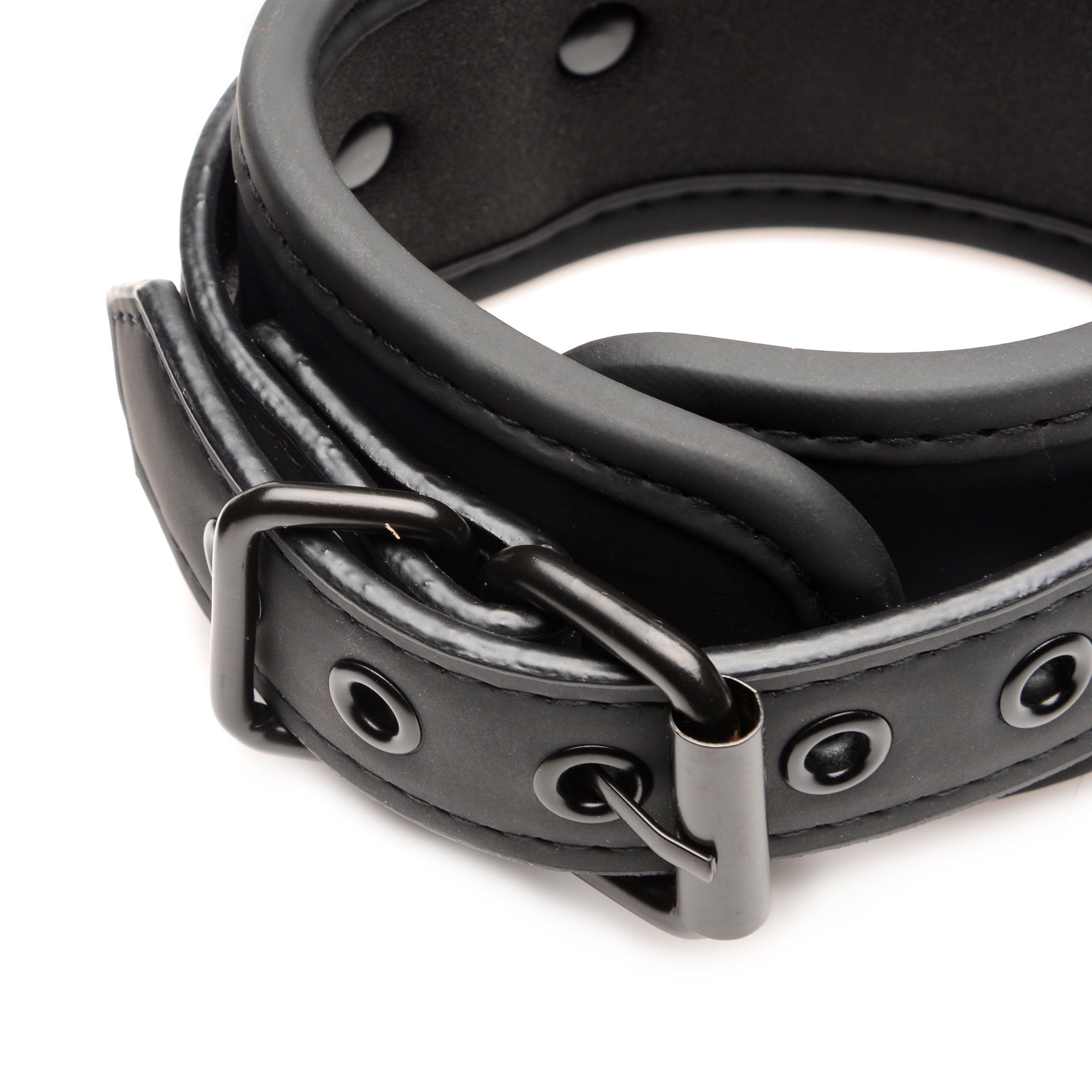 Adjustable black leather collar with metal buckles