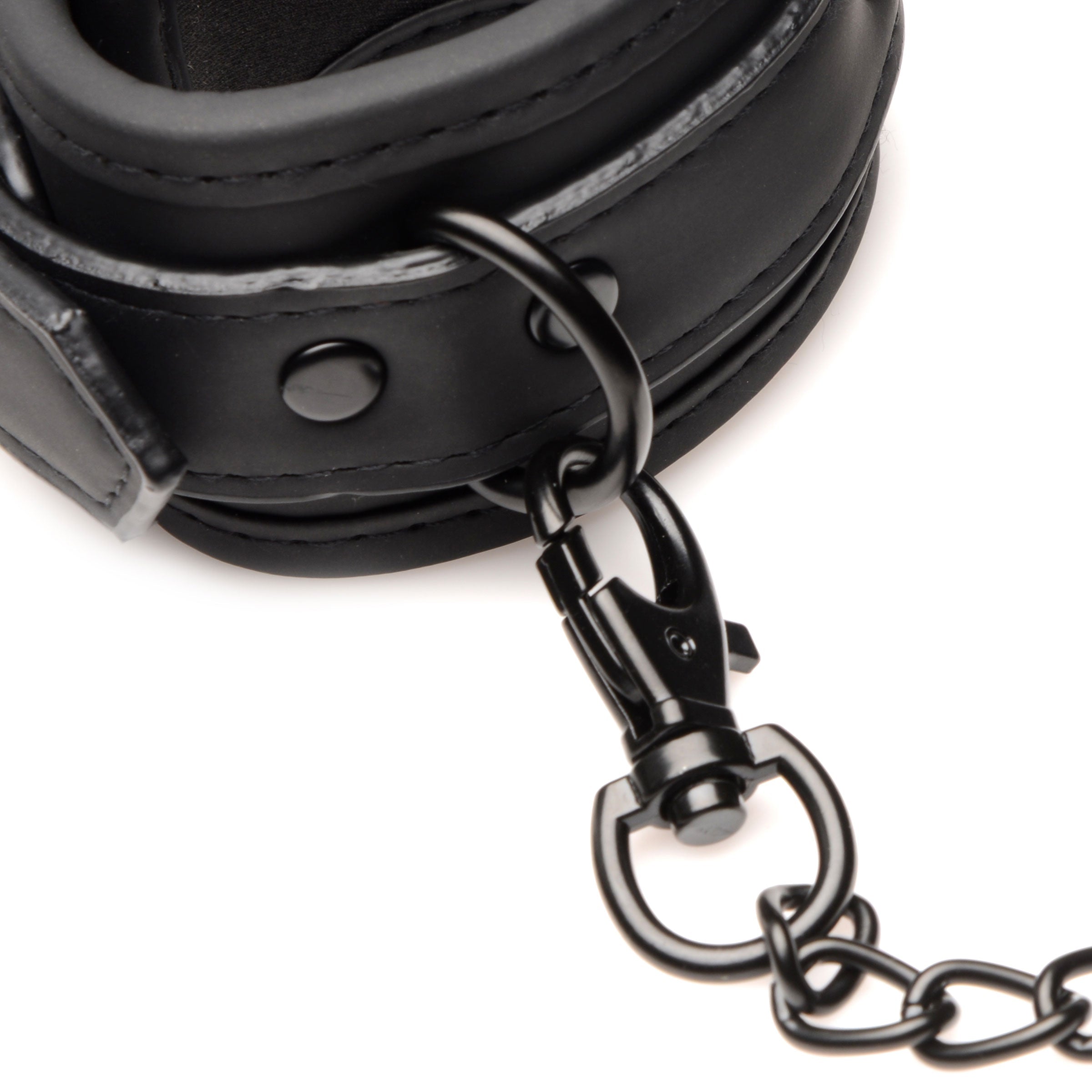 Black leather choker-style collar with chain leash