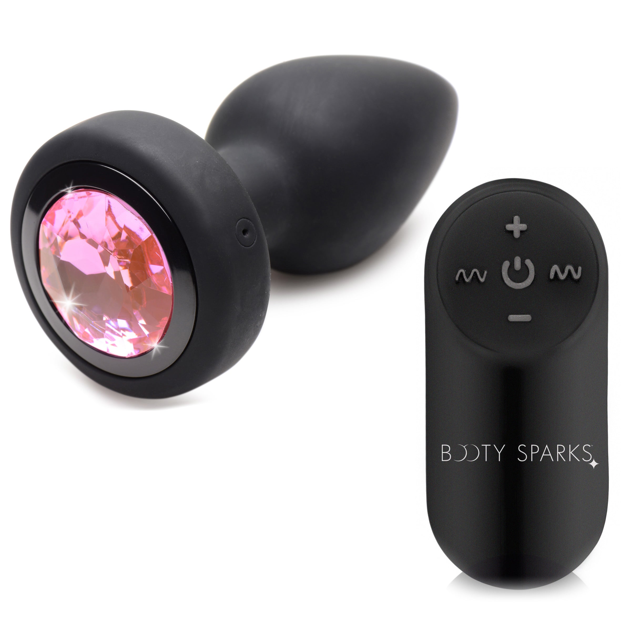 Black silicone anal plug with pink gem detailing and vibration feature