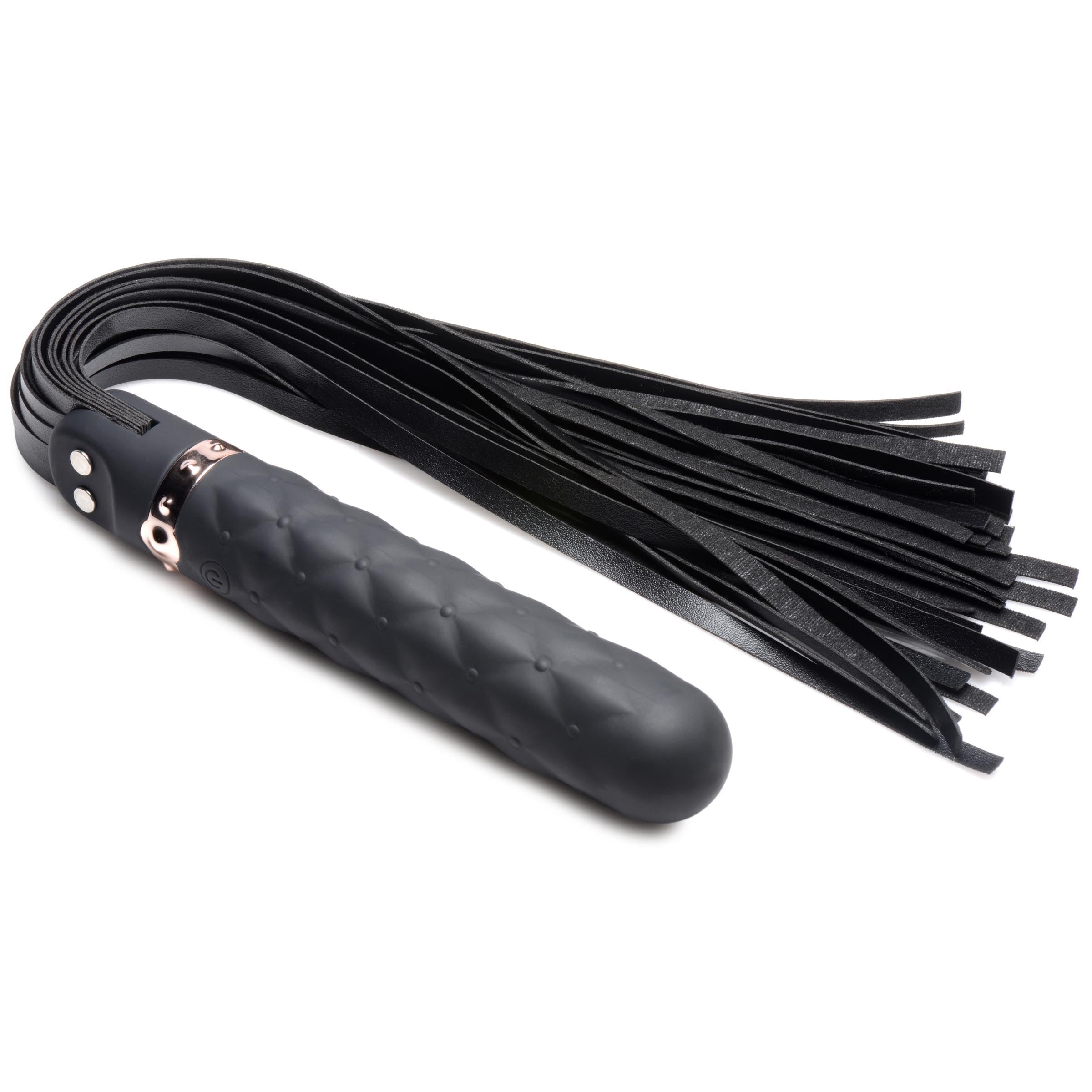 A different angle of the 9x Vibrating Silicone Dildo Flogger's black leather handle