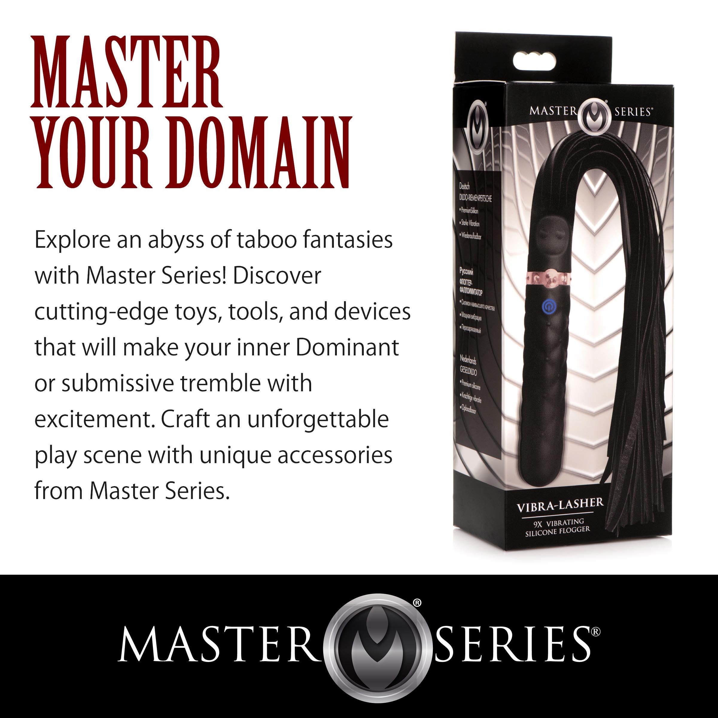 The Master Series 9x Vibrating Silicone Dildo Flogger branding detail