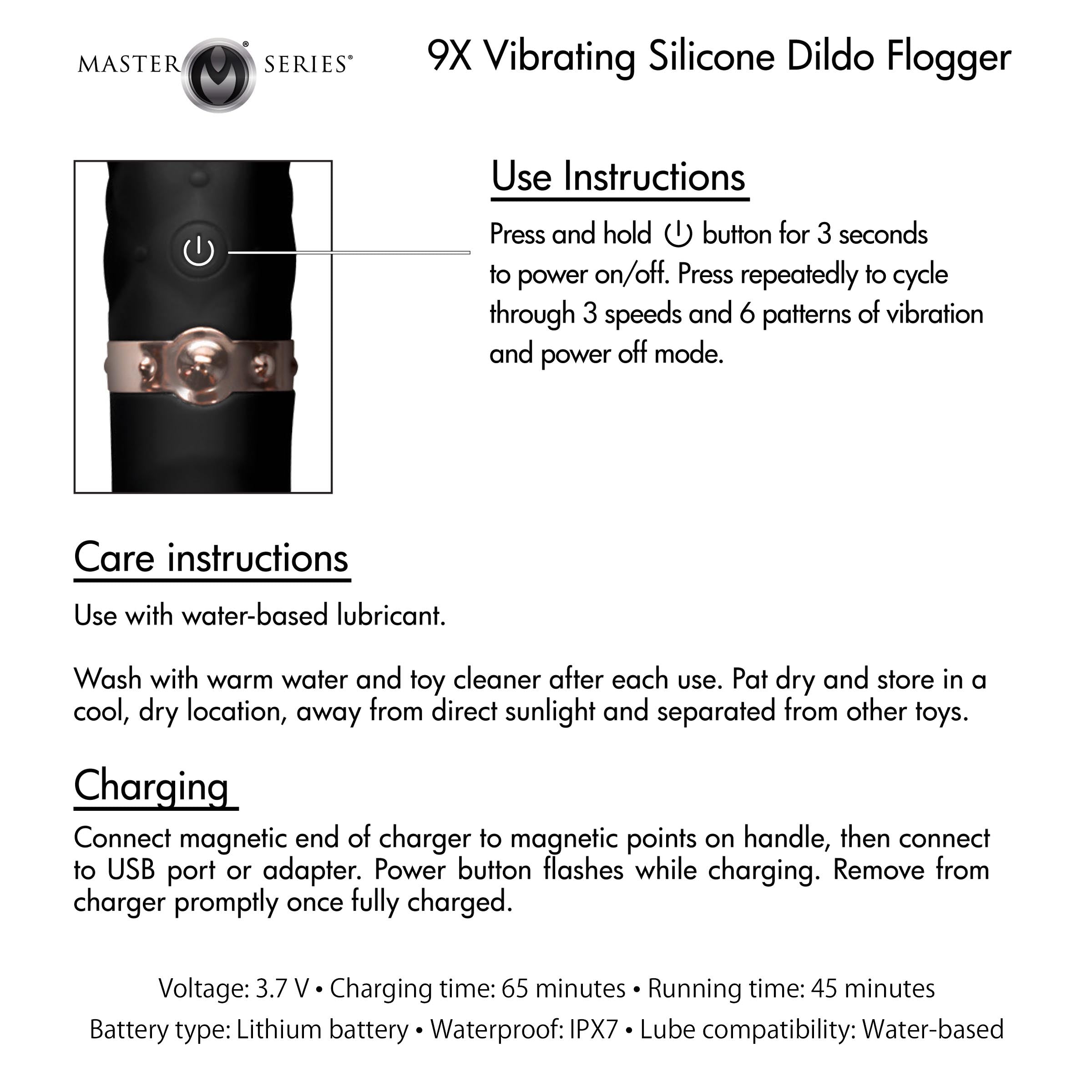 Instruction manual for the 9x Vibrating Silicone Dildo Flogger