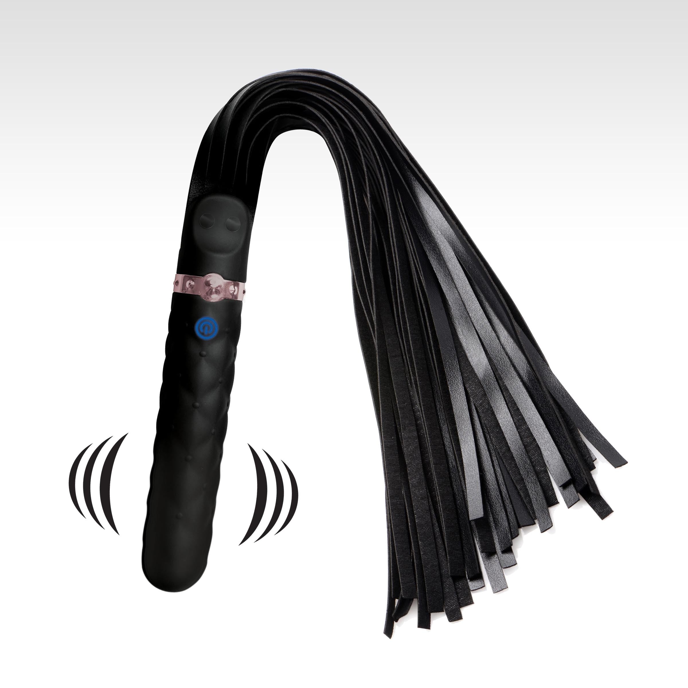 Detail of the 9x Vibrating Silicone Dildo Flogger with a black and white design and cord