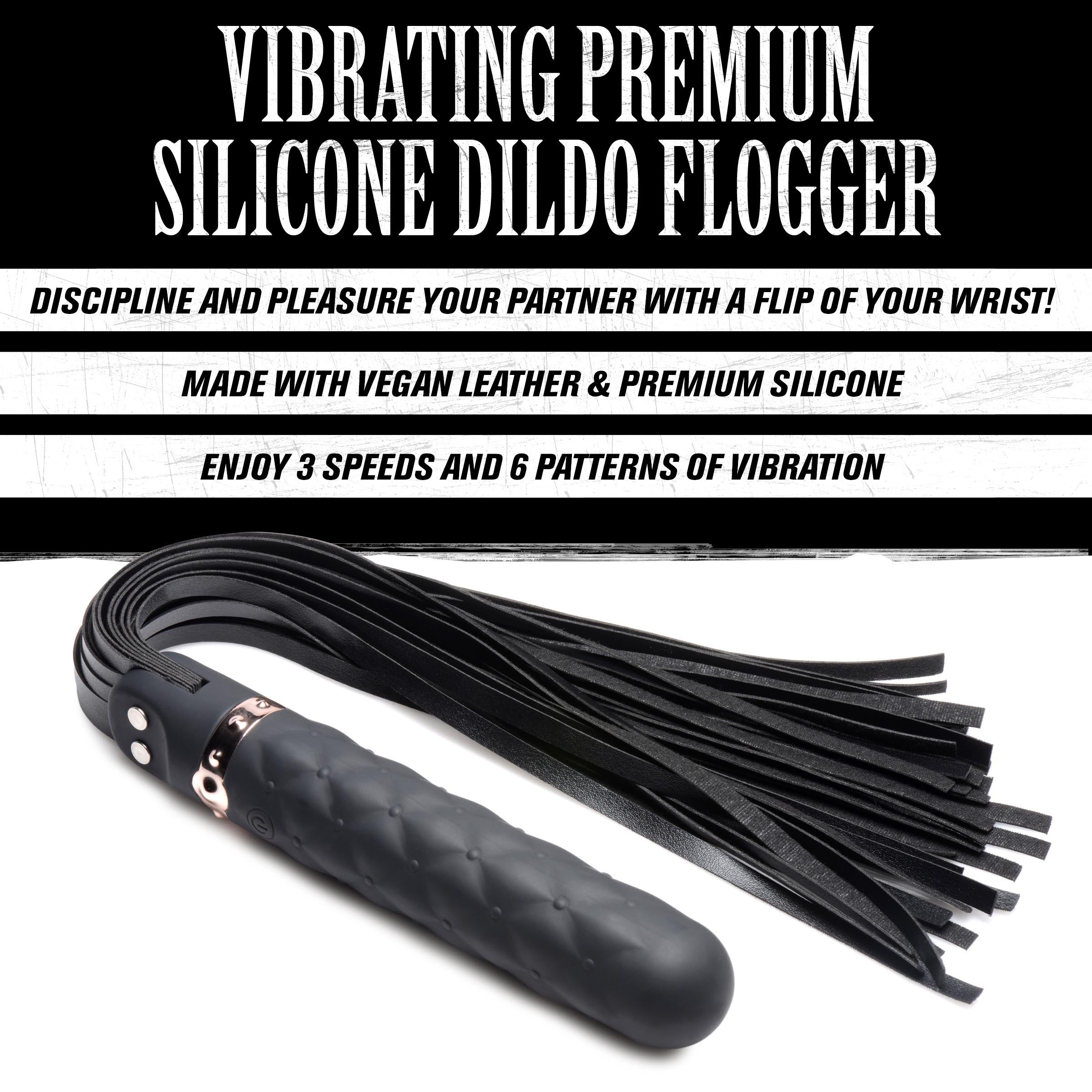 The 9x Vibrating Silicone Dildo Flogger displayed to highlight its features