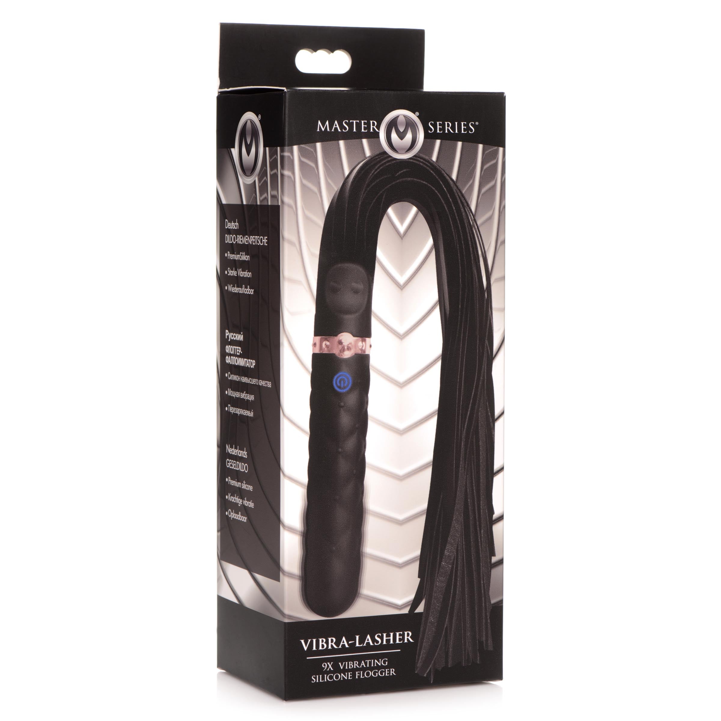 Packaging of the 9x Vibrating Silicone Dildo Flogger