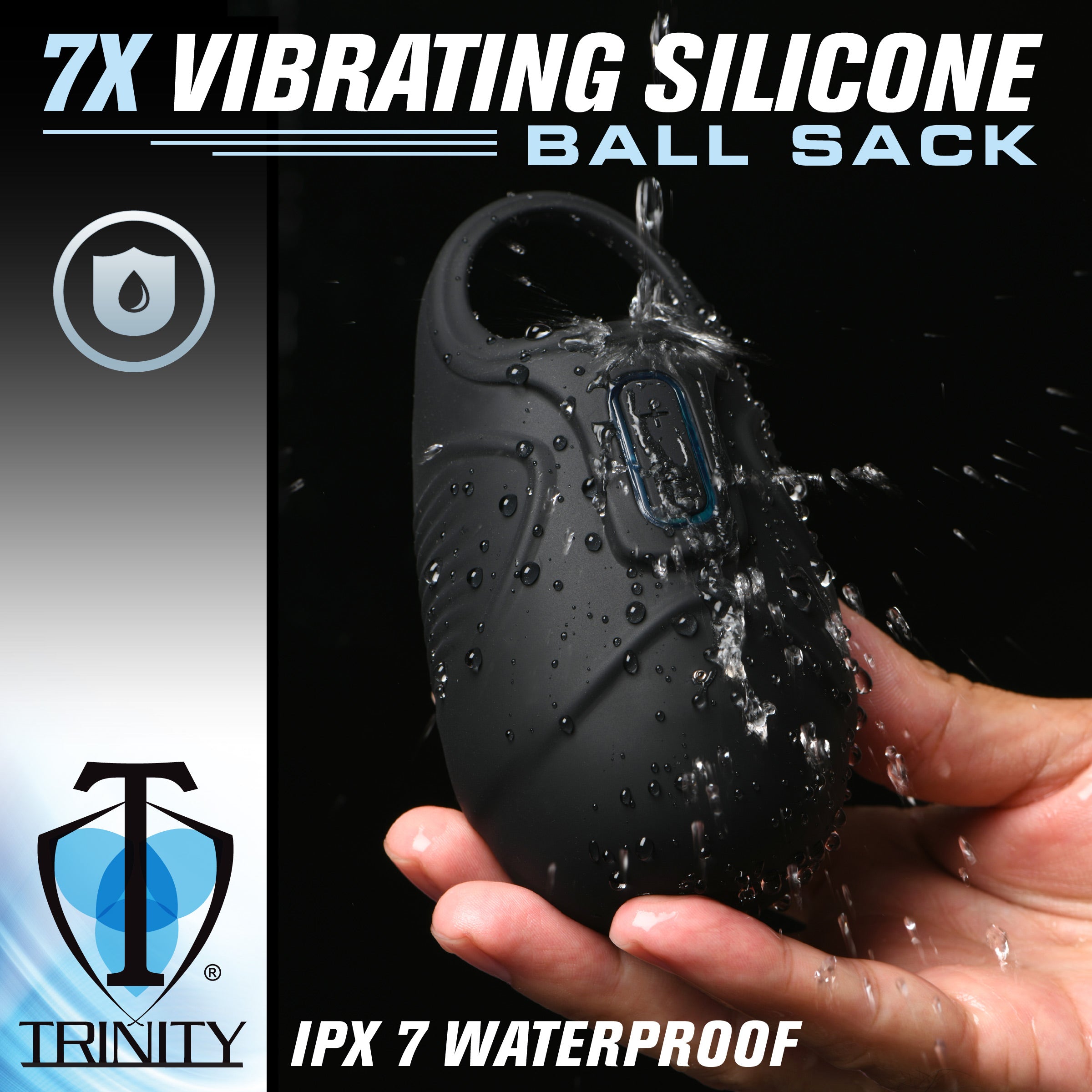 Hand holding the 7x vibrating silicone ball sack packaging