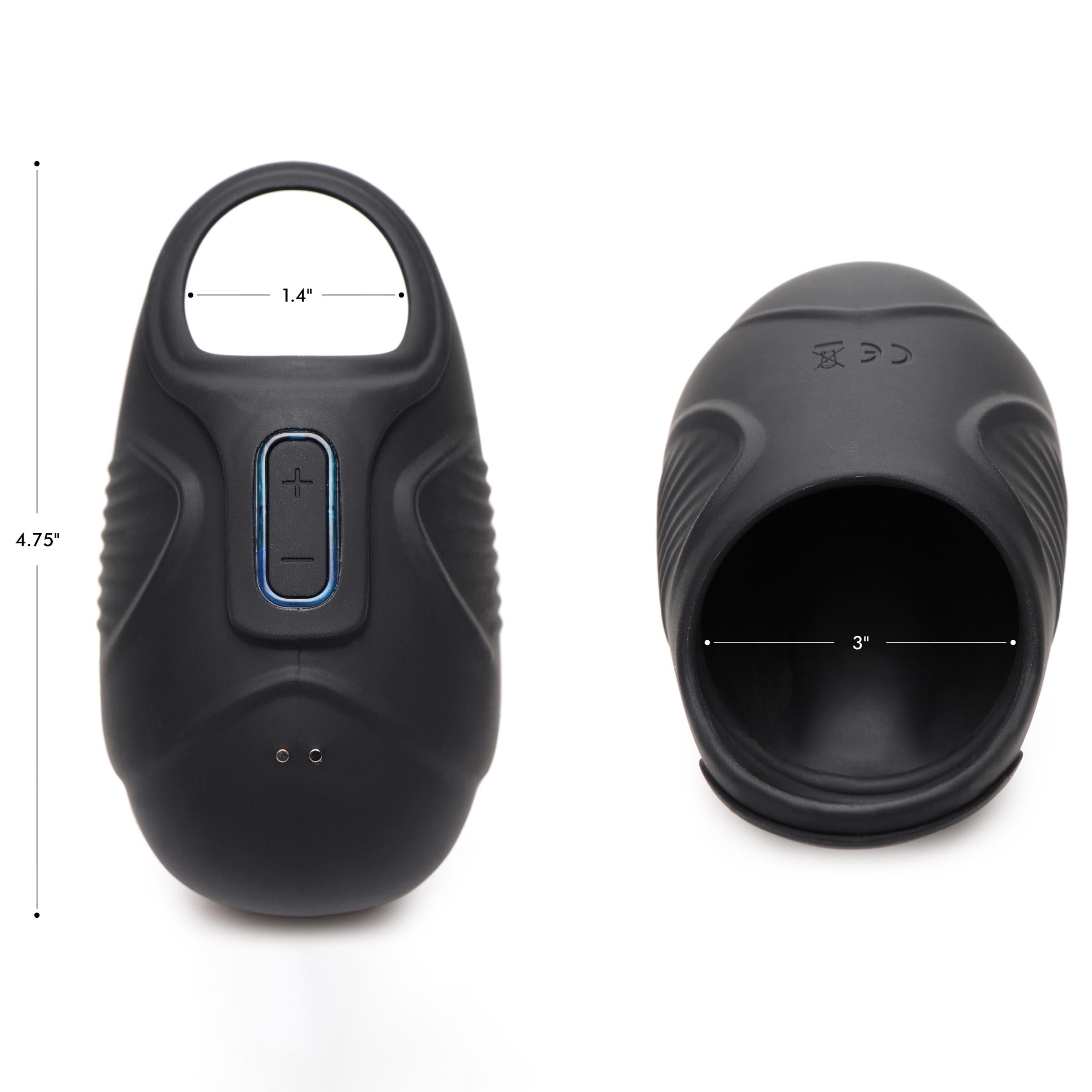 Size comparison of vibrating silicone ball sack with measurements