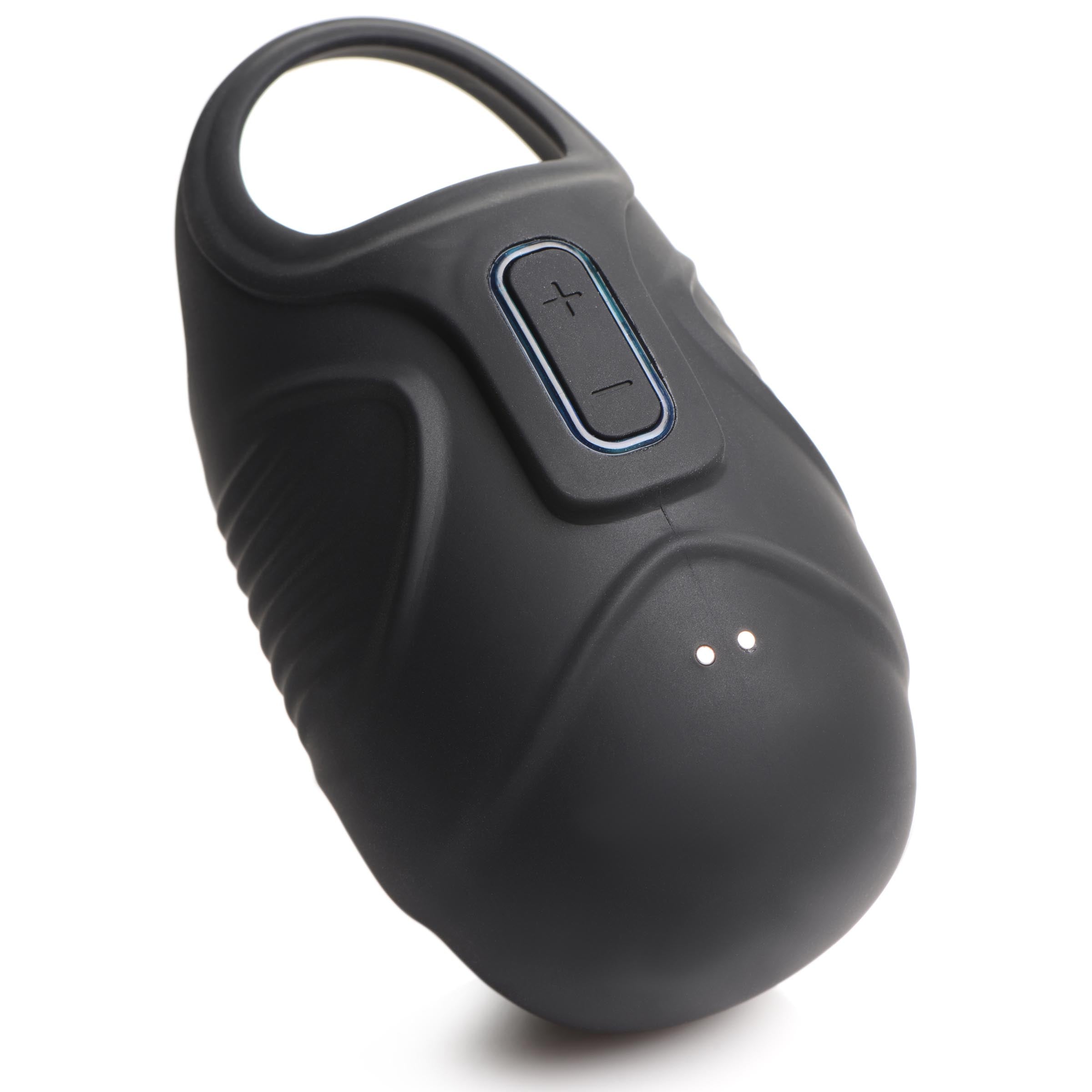 Black remote control for vibrating ball sack with single blue button