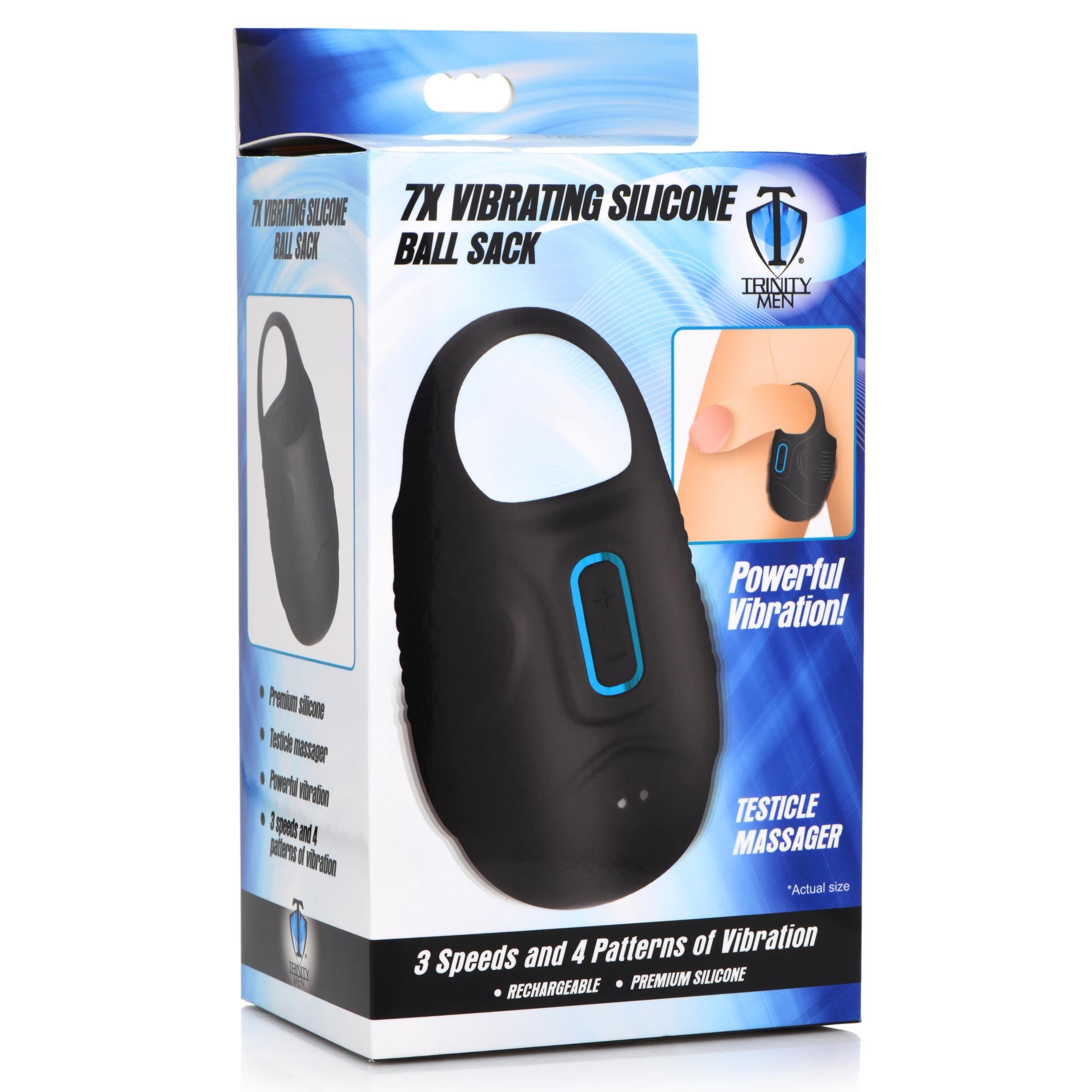 Packaging of the 7x vibrating silicone ball sack with black and blue colors