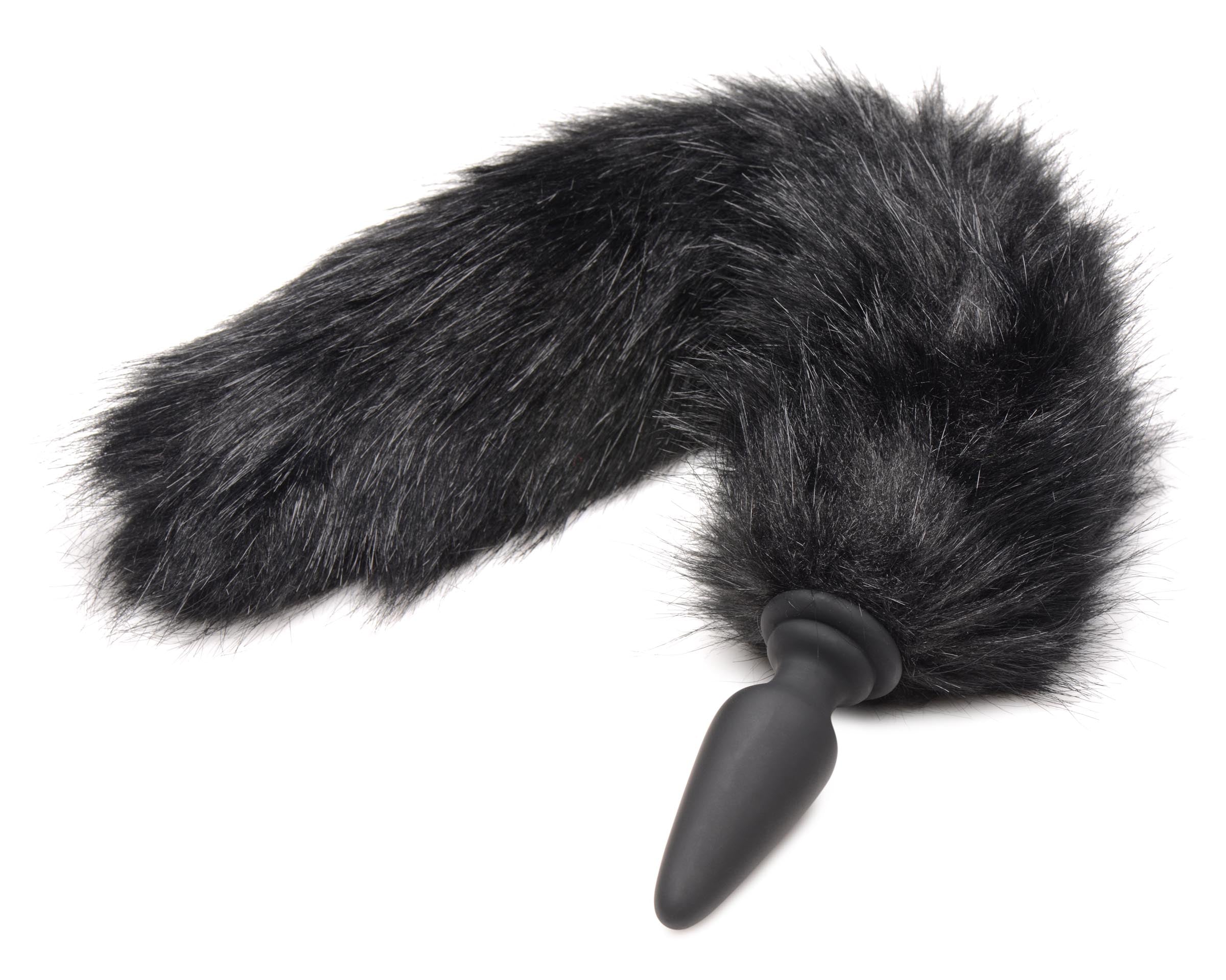 Black anal plug with an interchangeable fox tail displayed