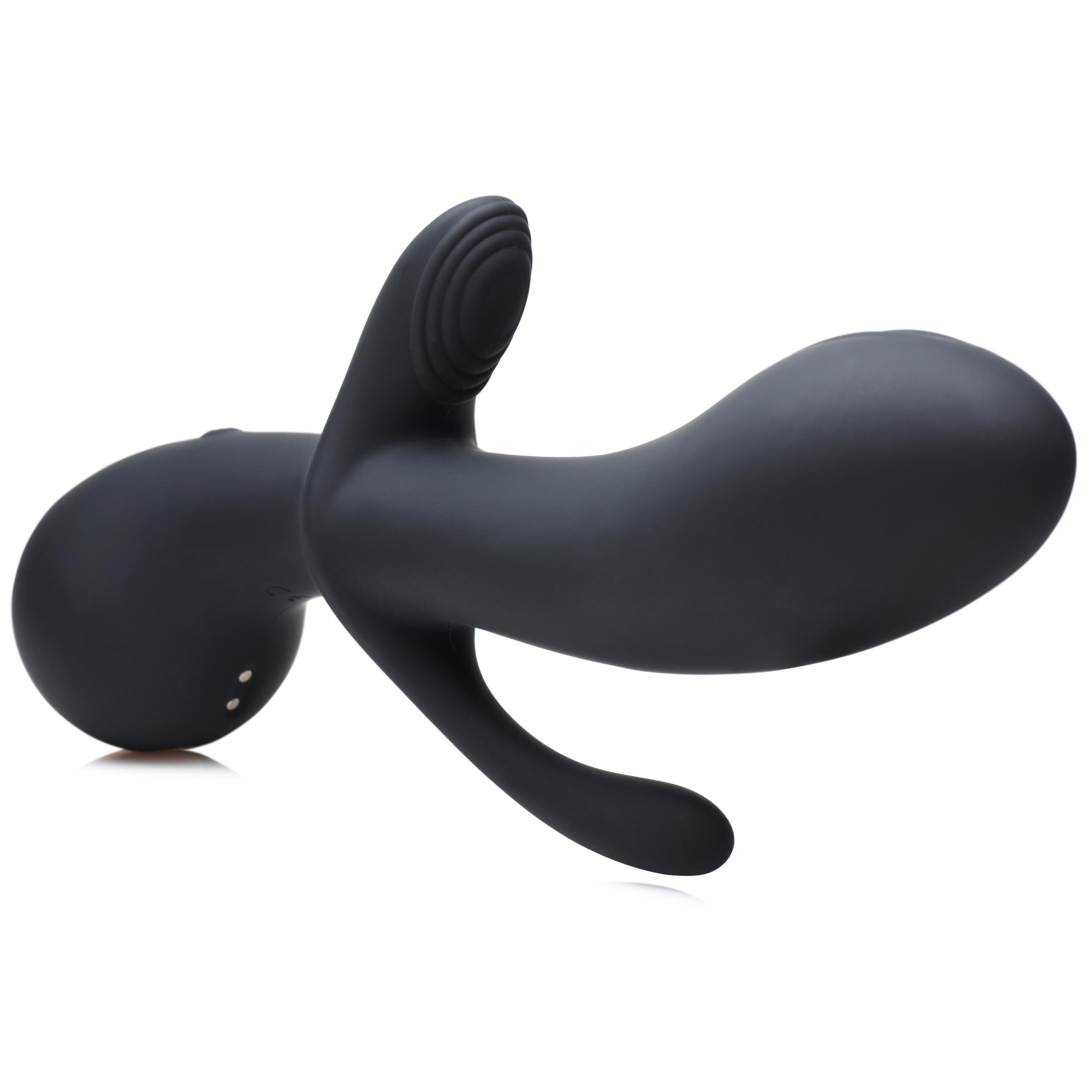 Black triple stimulation silicone vibrator on a white surface