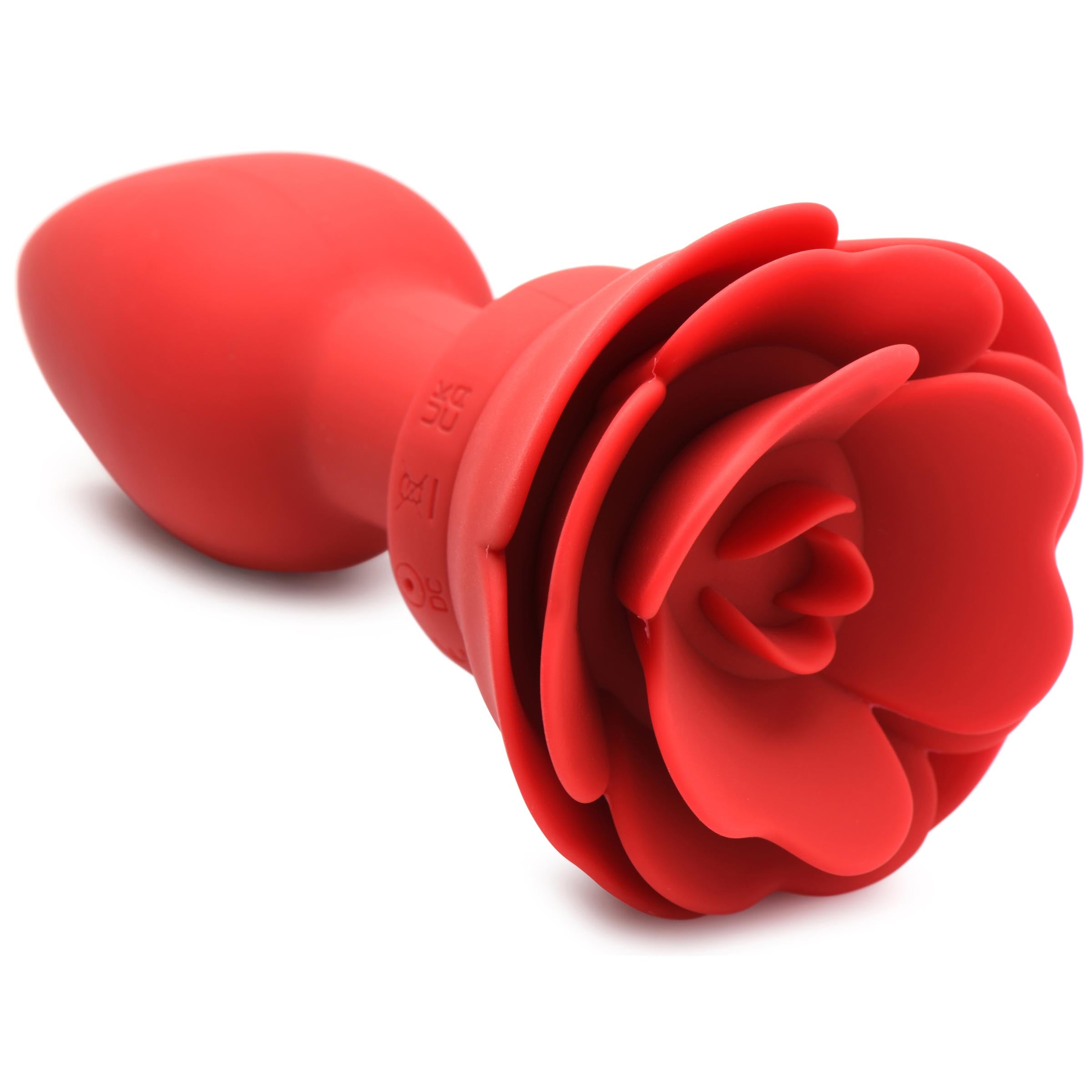 Red silicone vibrating anal plug in the shape of a rose isolated on white