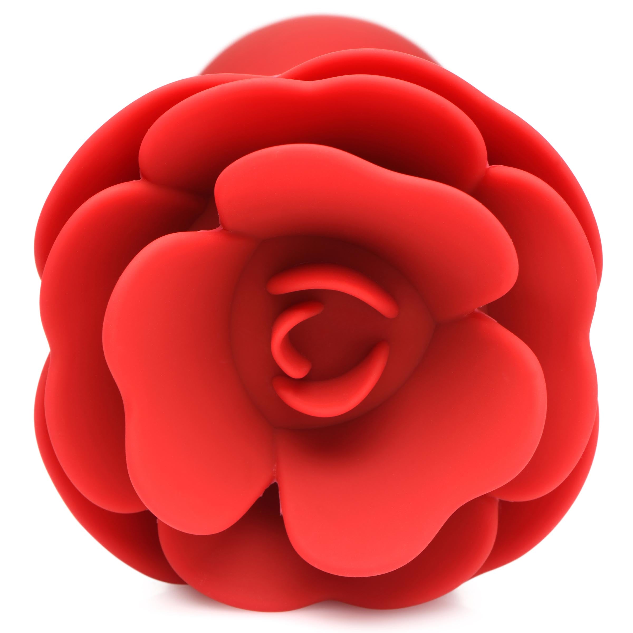 Red rose-designed silicone anal toy displayed on a white surface