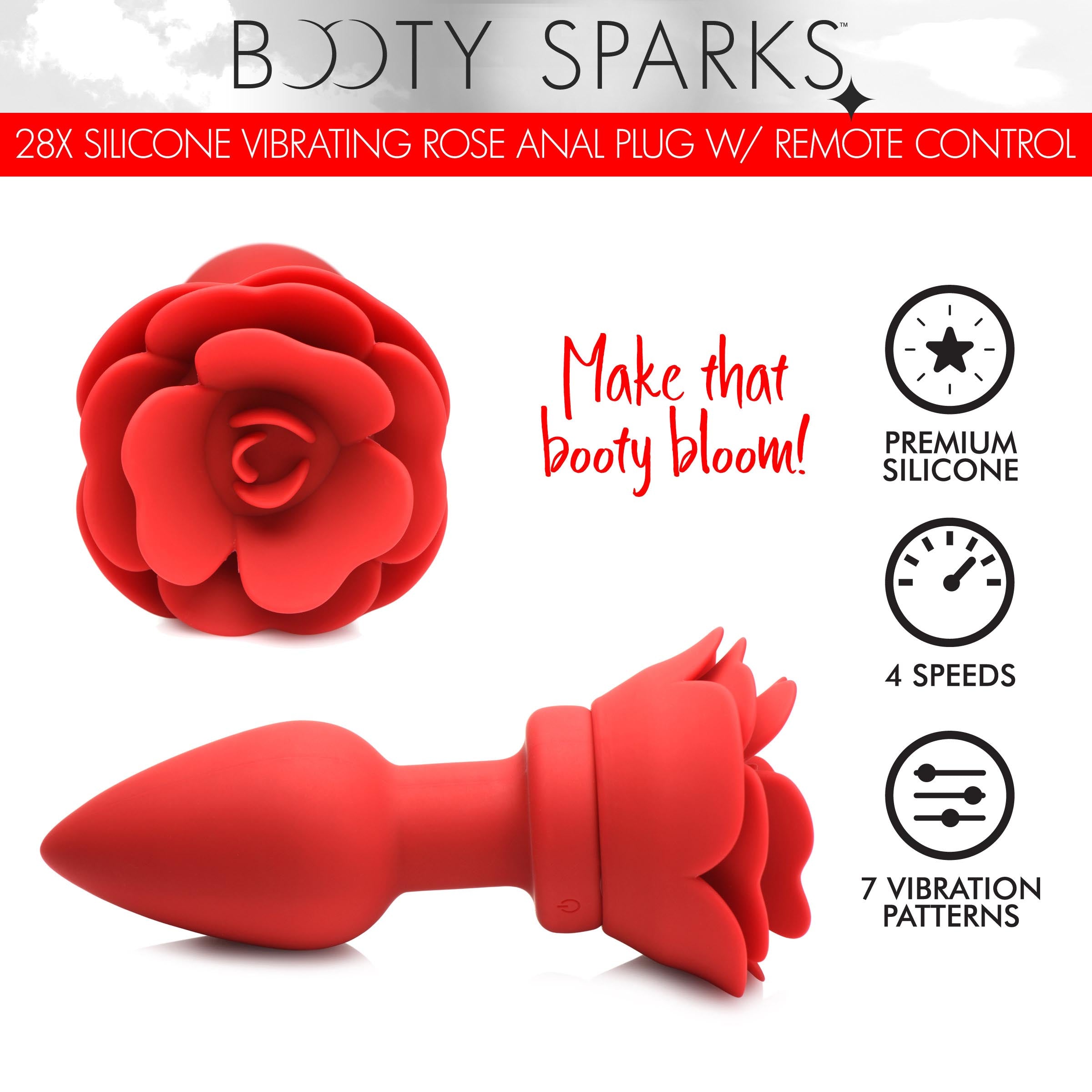 Close-up of the Body Sparks rose anal plug made from red silicone