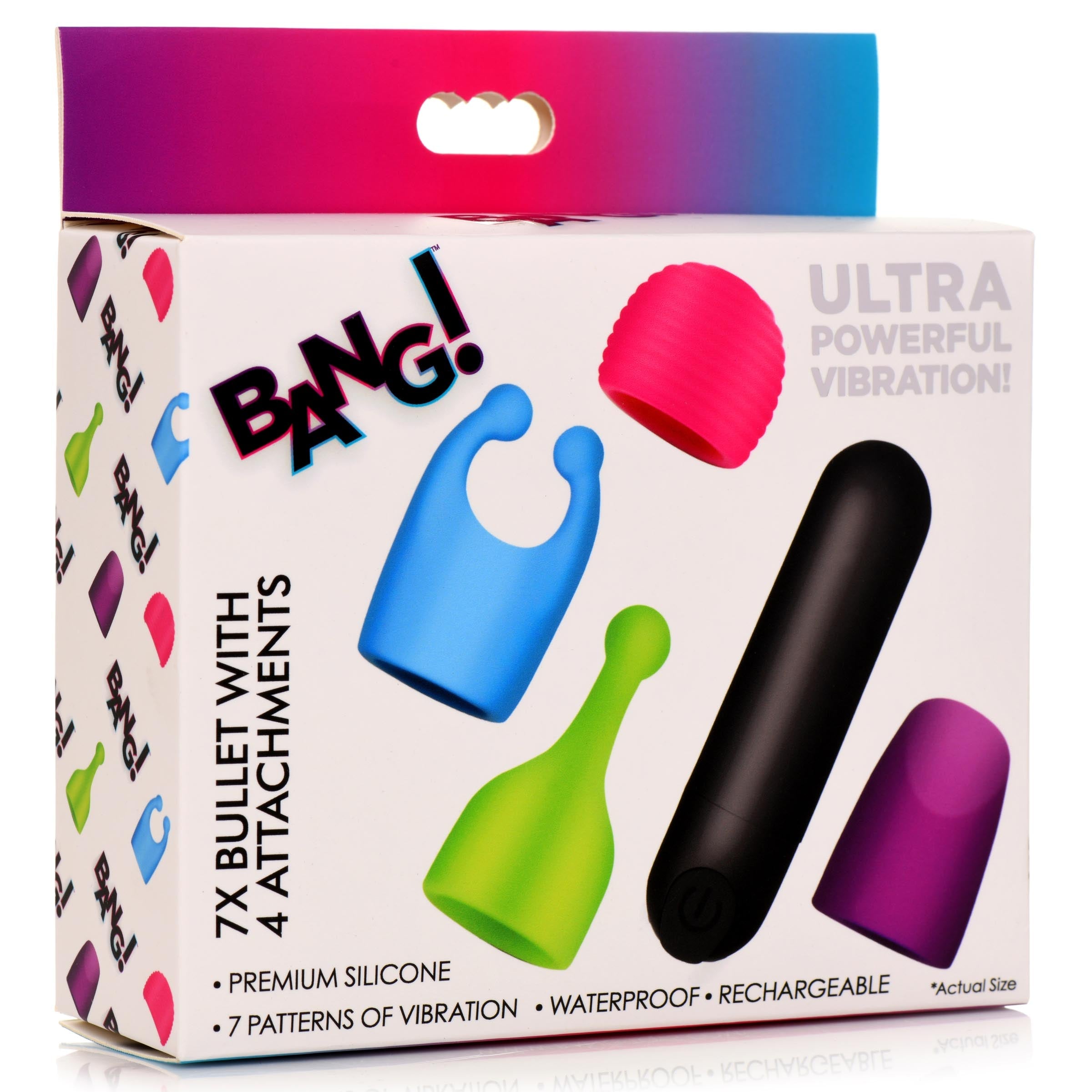 Packaging of the 7x Rechargeable Bullet Vibrator with four unique attachments