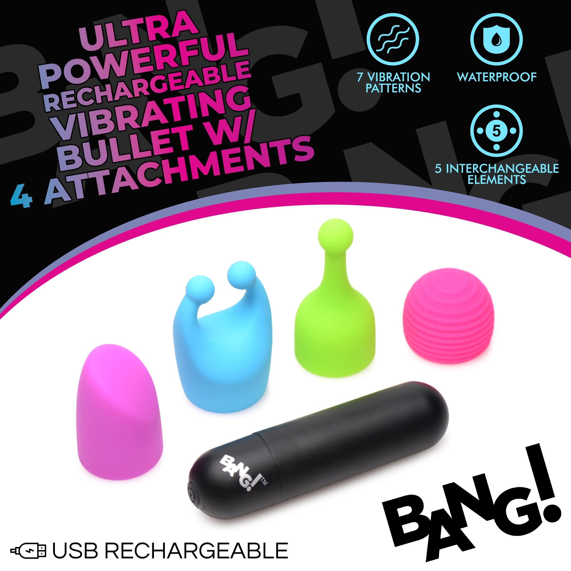 Versatile 7x Rechargeable Bullet Vibrator with multiple attachment options