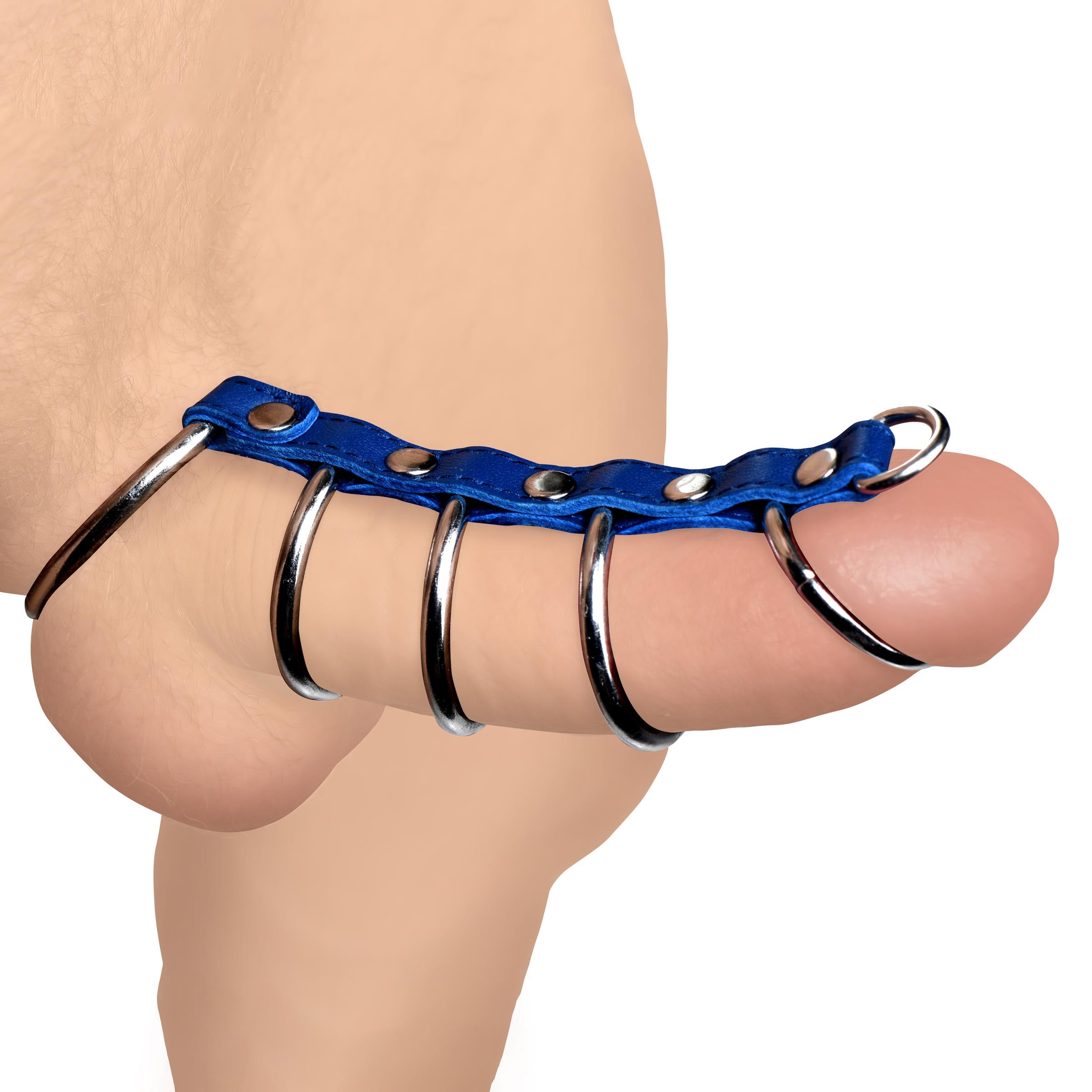 Blue leather strap attached to a steel ring from the chastity device