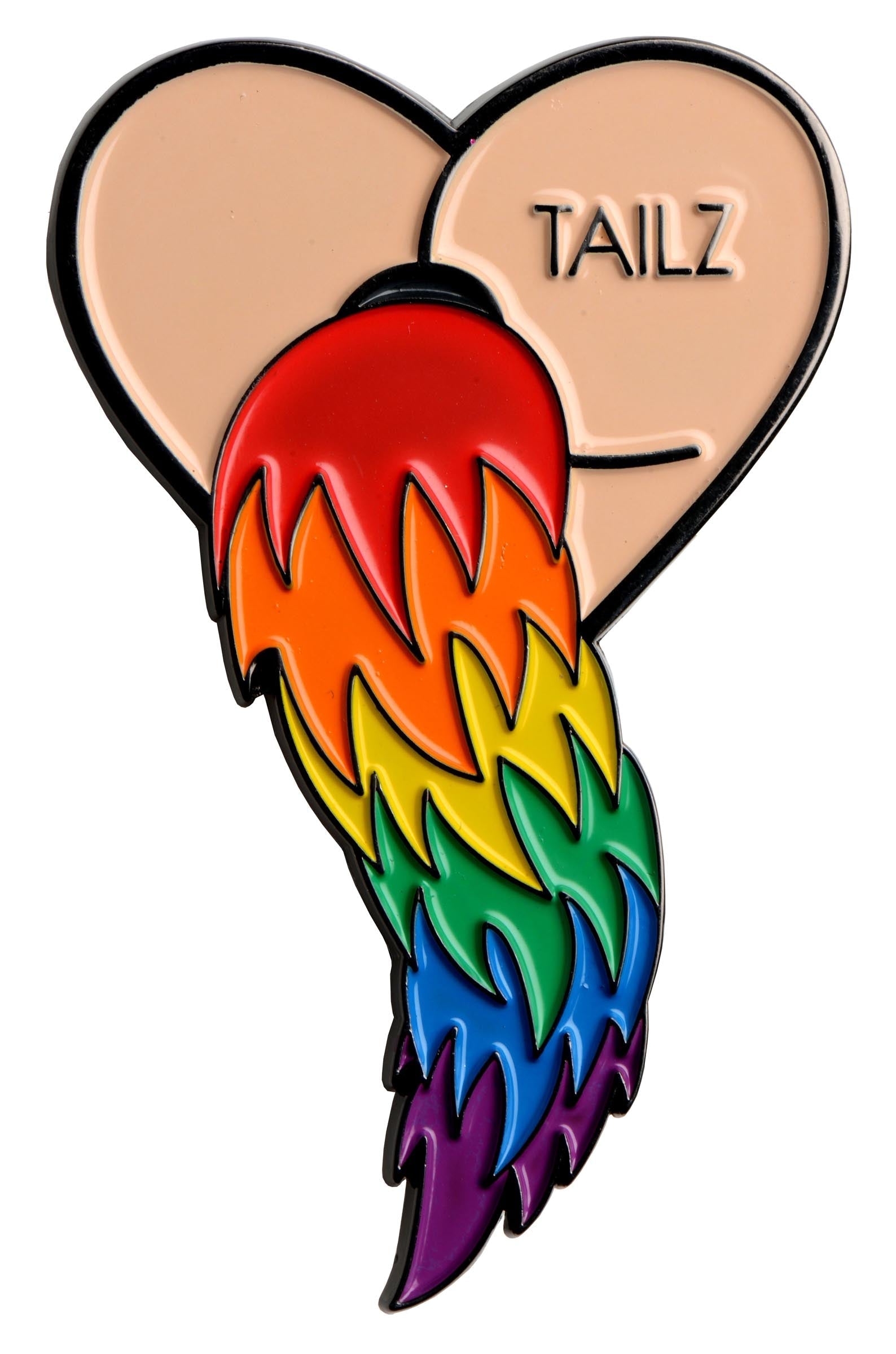 Enamel pin shaped like a heart with a rainbow design and Tailz" text"