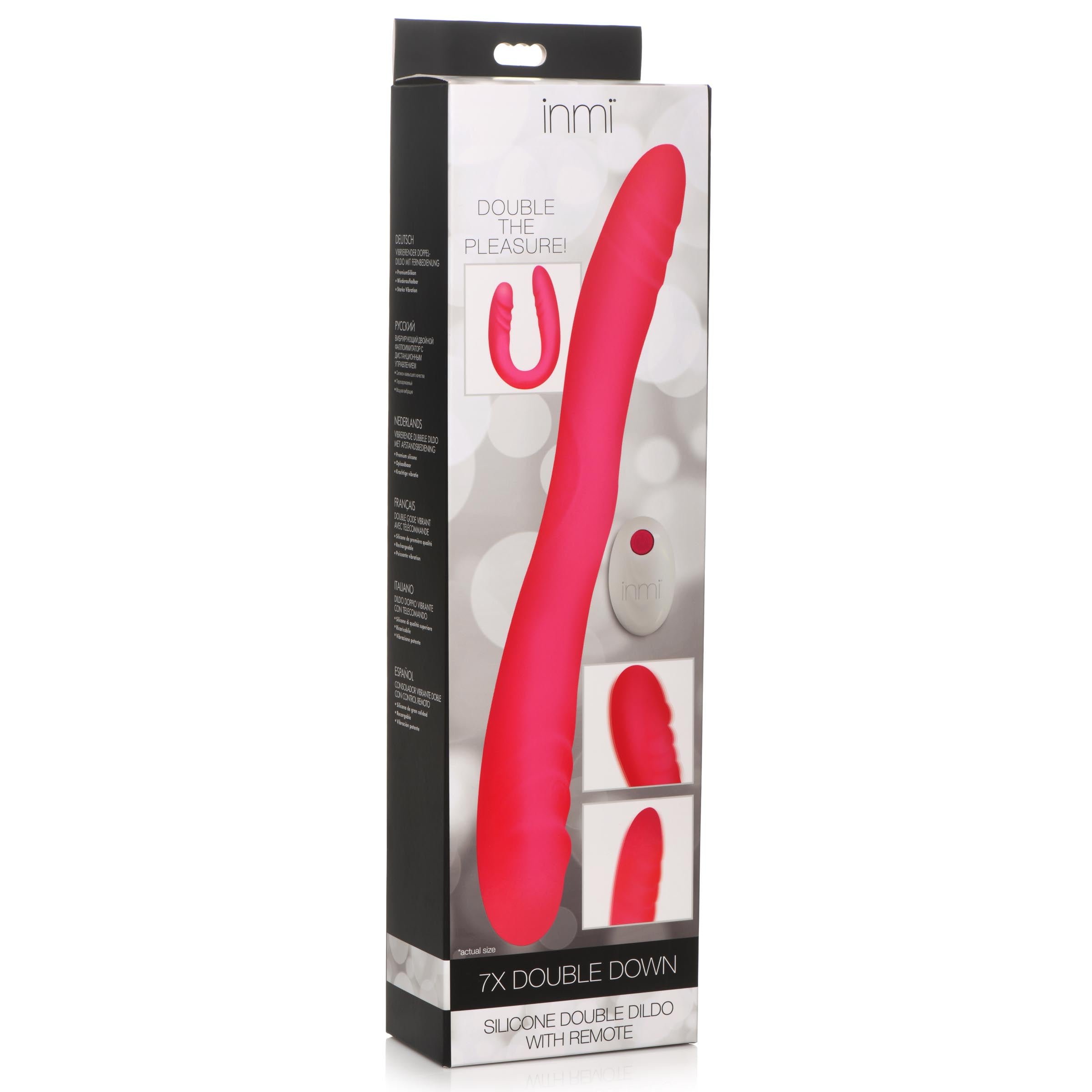 Pink double-ended silicone dildo in its original packaging