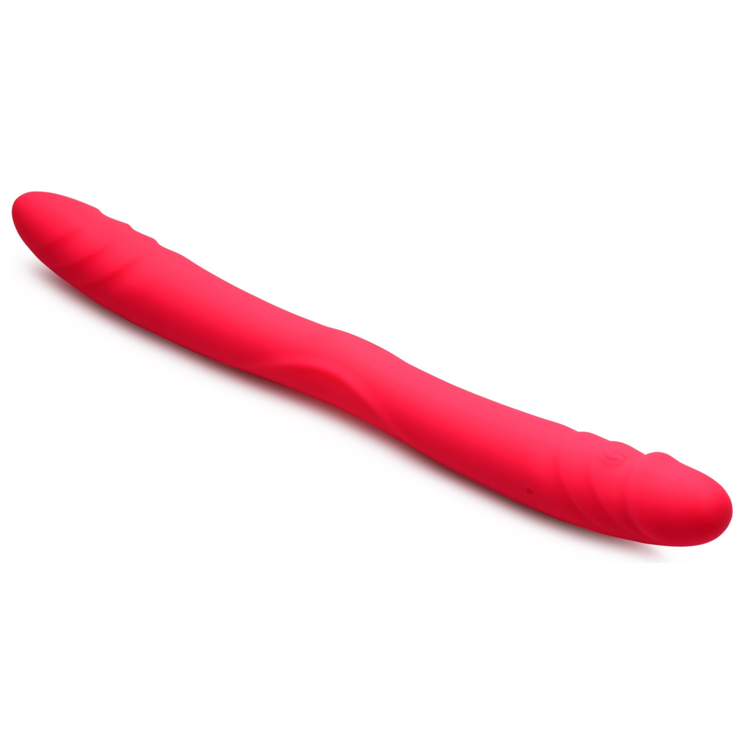 Silicone double-ended dildo with remote control on a white surface