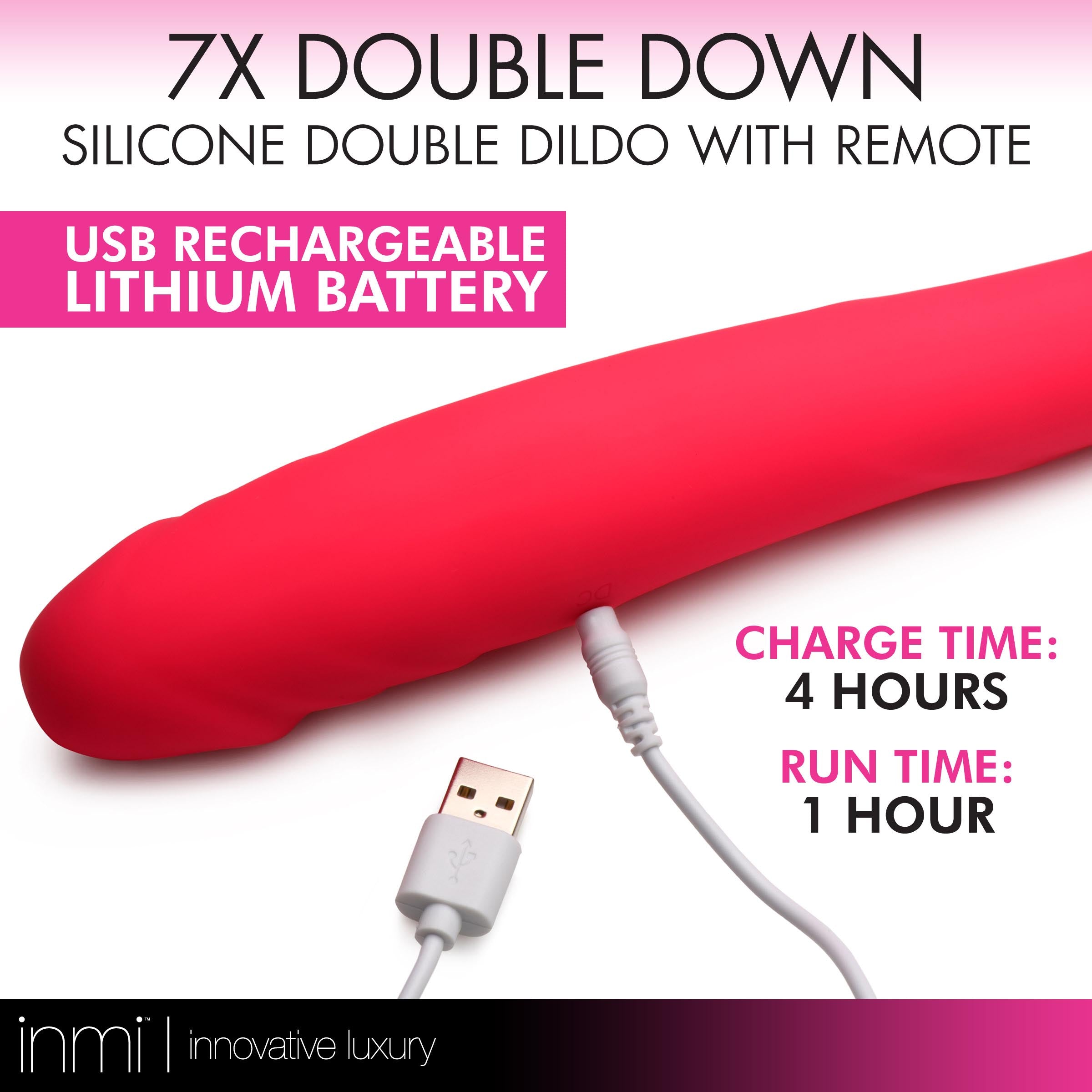 Angled shot of the 7x Double Down Silicone Double Dildo with wireless remote control