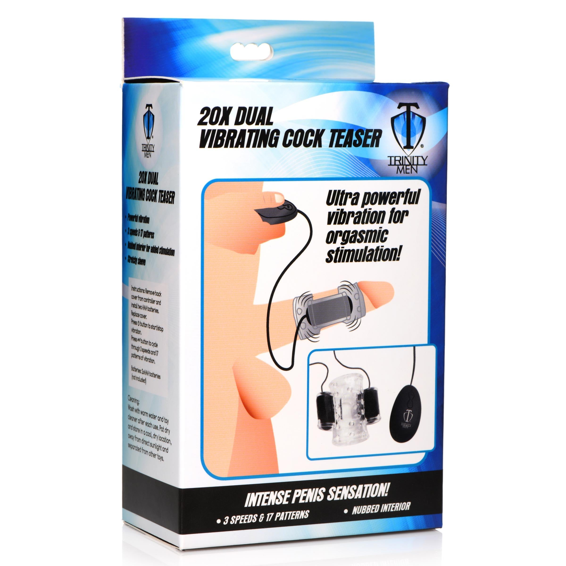 Box packaging of the 20x Dual Vibrating Cock Teaser designed for intimate male stimulation