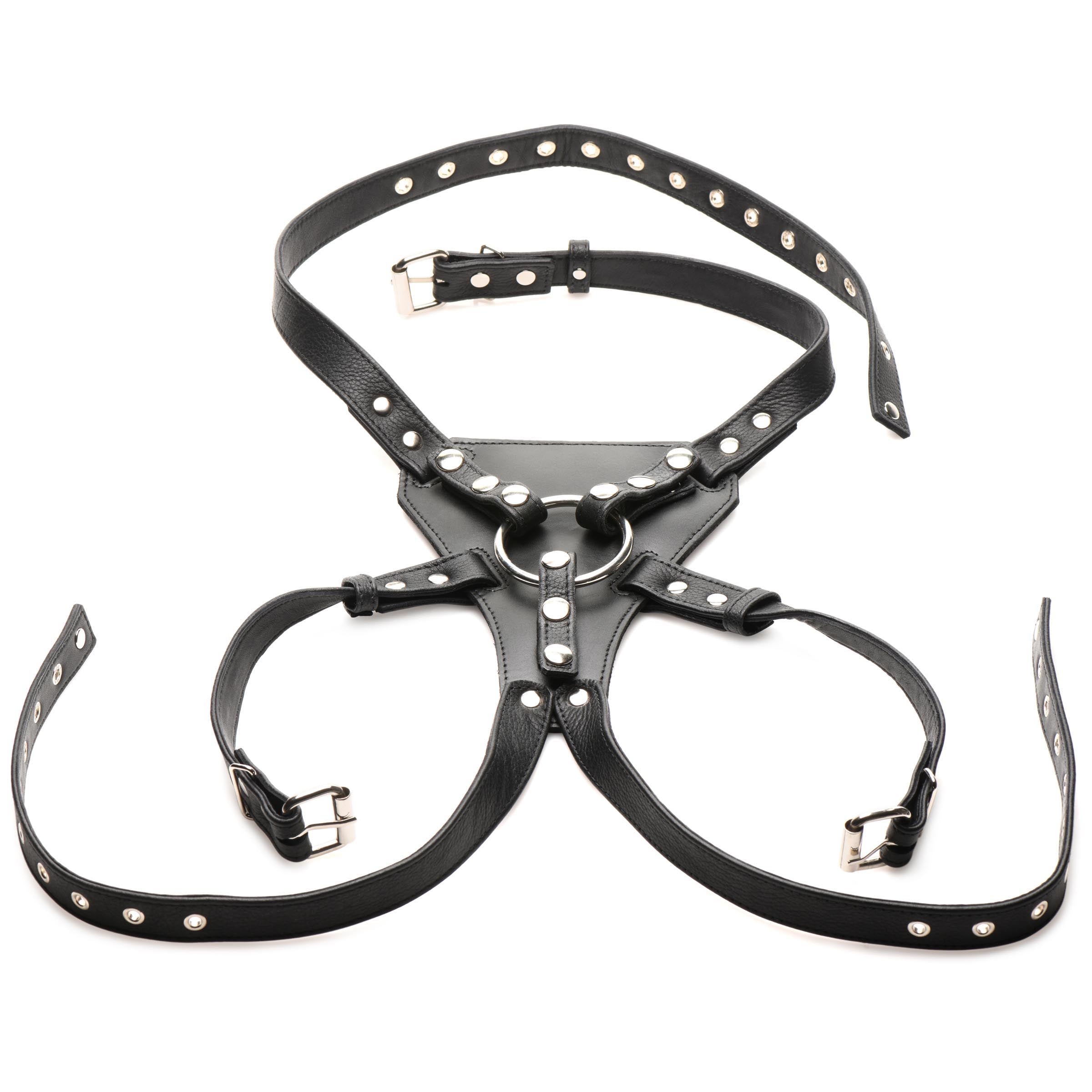 Leather strap-on harness with dual adjustable straps and metallic buckles