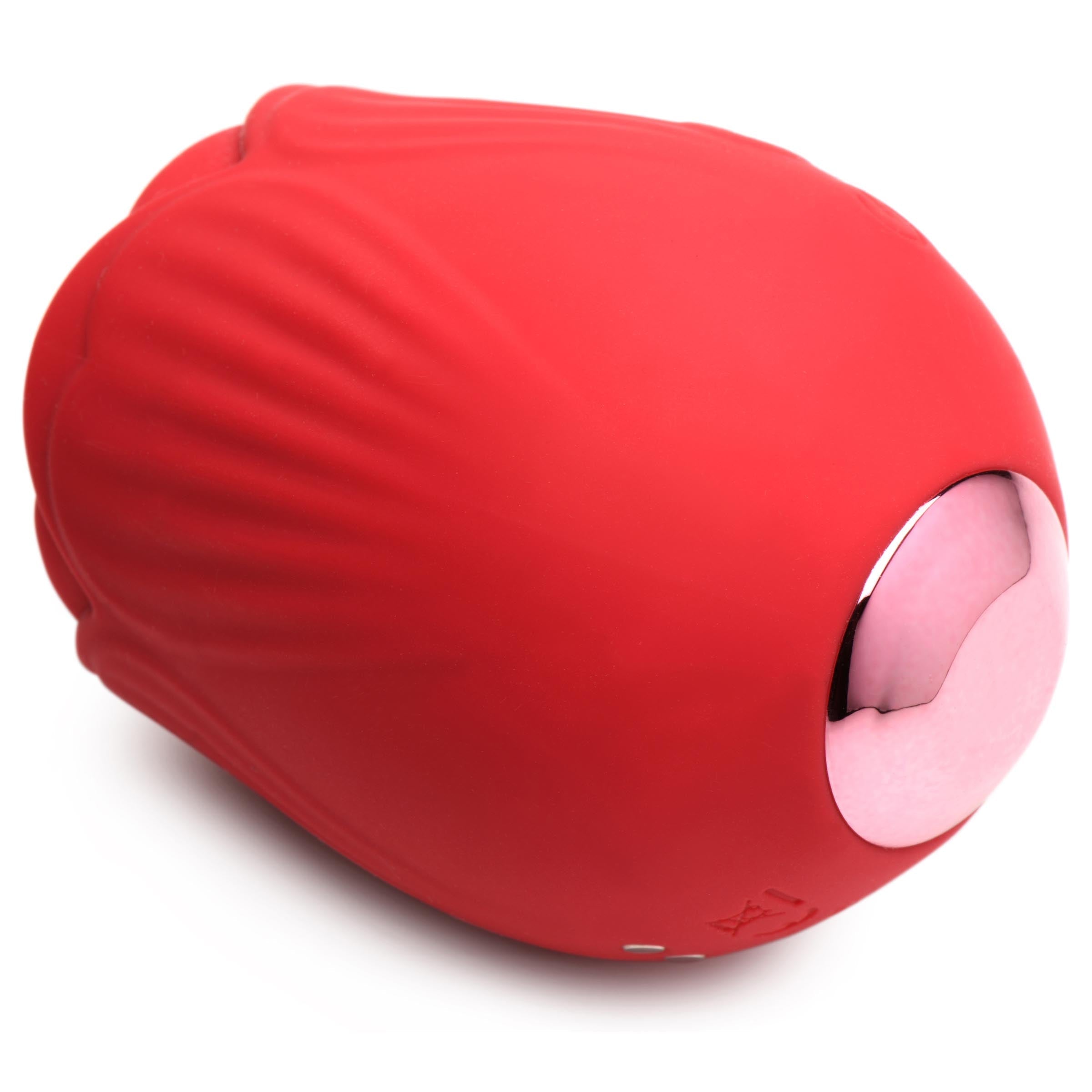 A red and pink French Rose-shaped stimulator with a licking and vibrating feature