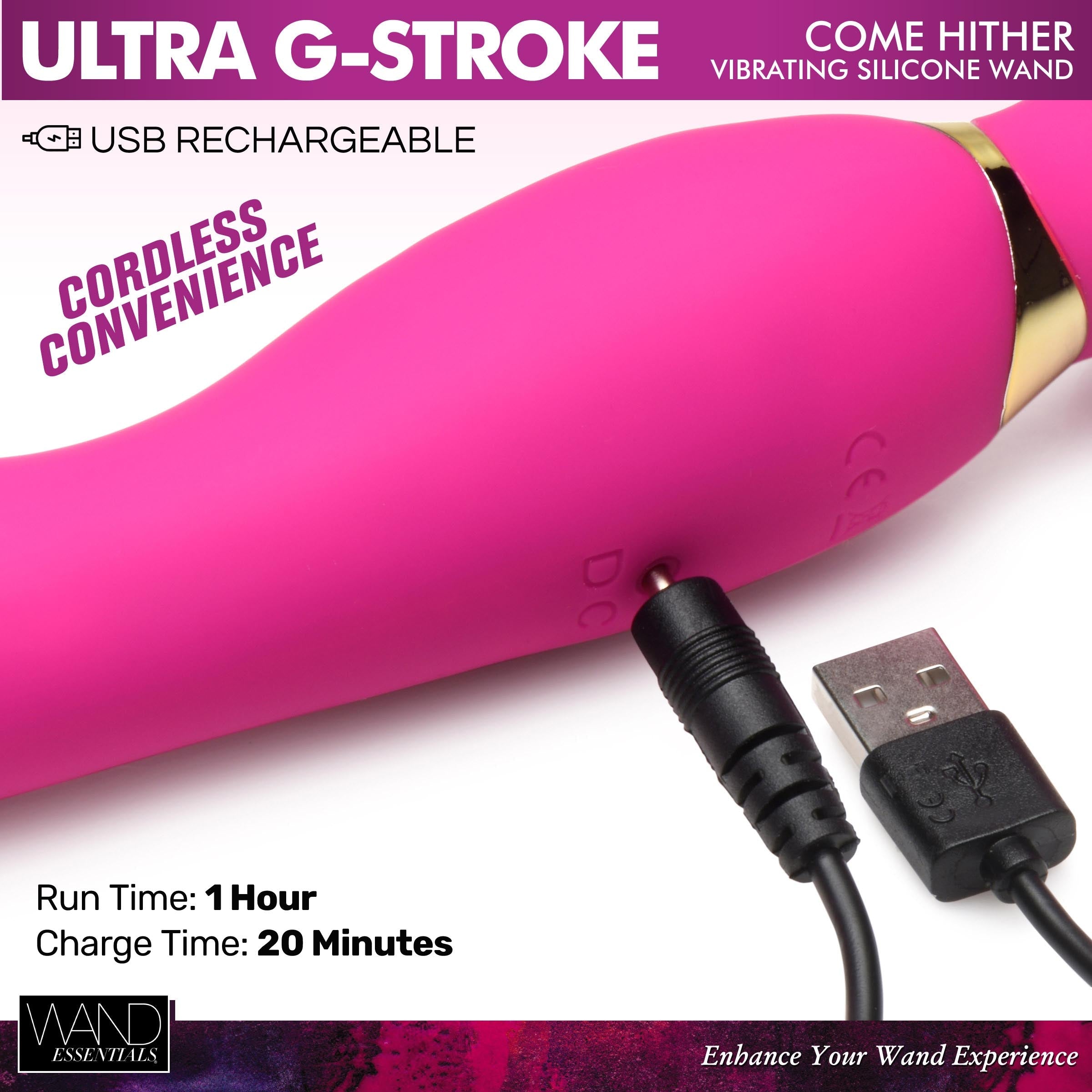 Close-up of the Ultra G-stroke Come Hither Wand in pink