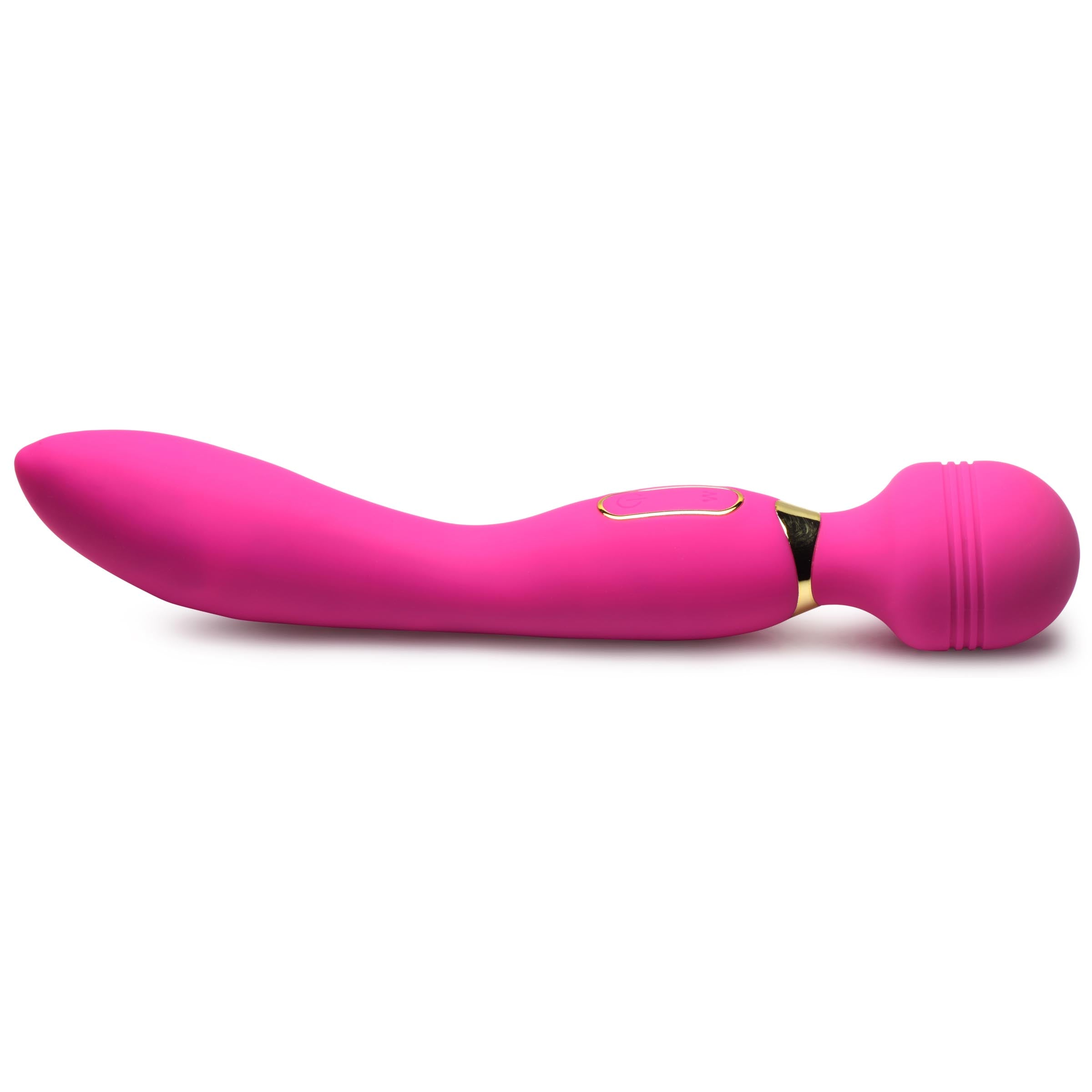 Silicone pink Ultra G-stroke vibrator on a white tabletop