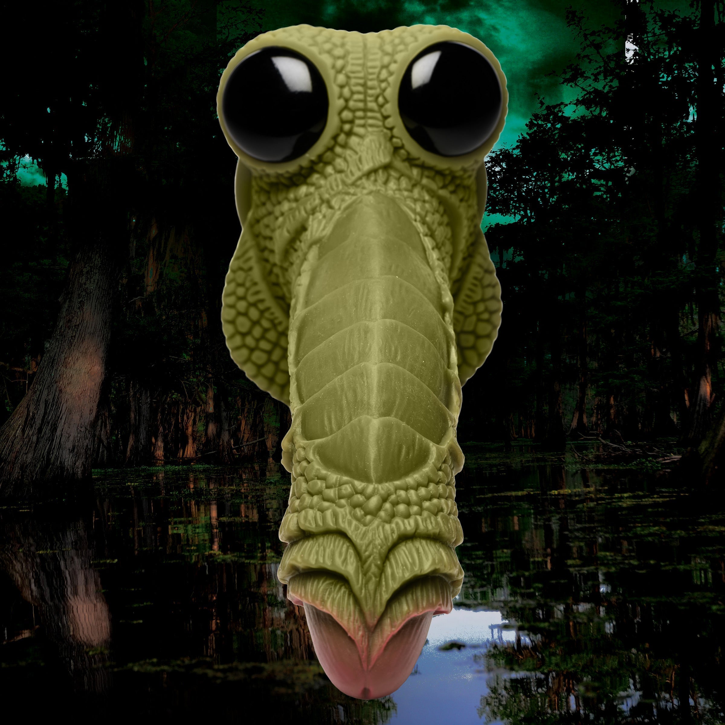 Silicone dildo with a green, scaly texture mimicking a swamp monster