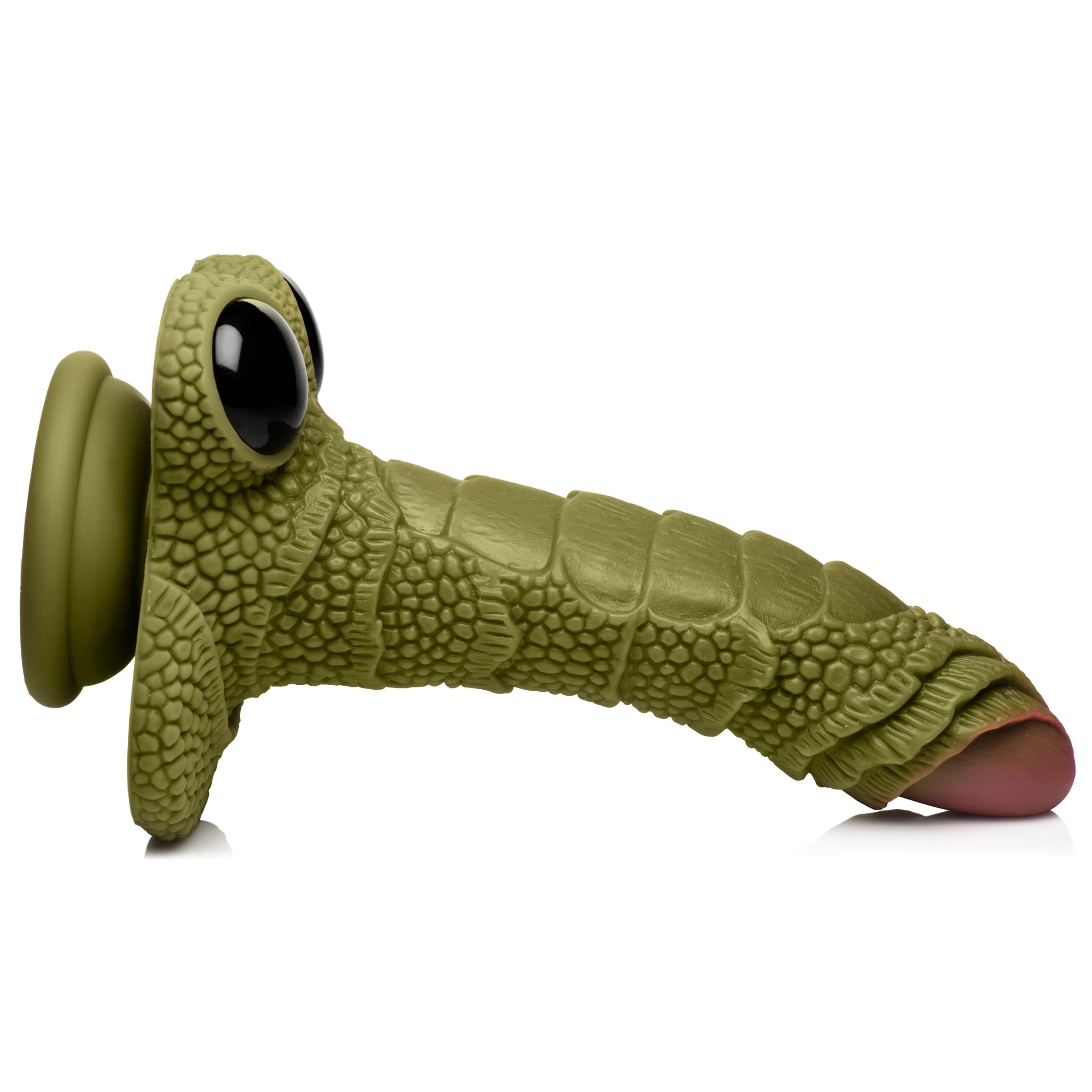 Phallic-shaped silicone toy with green scaly detailing