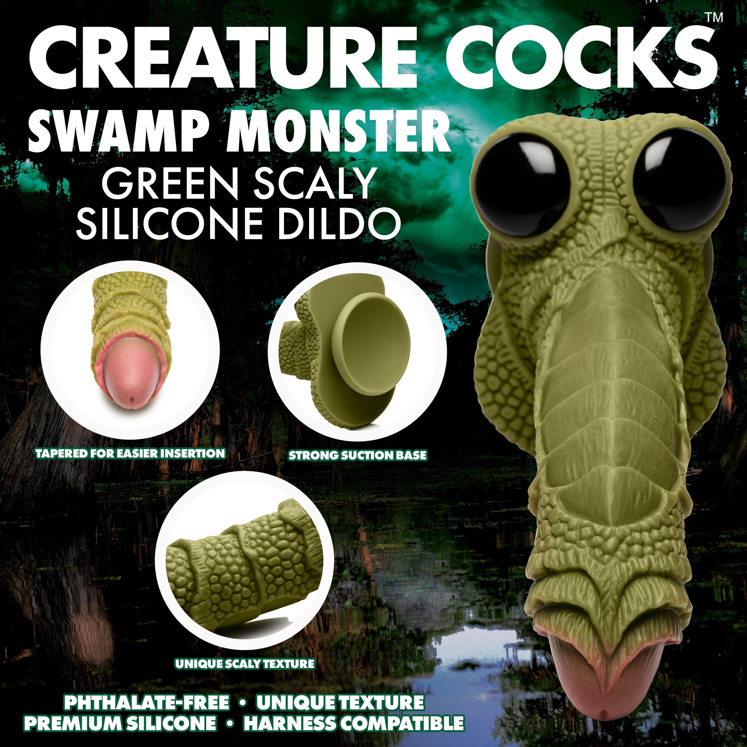 Green scaly silicone dildo with a fantasy monster appearance