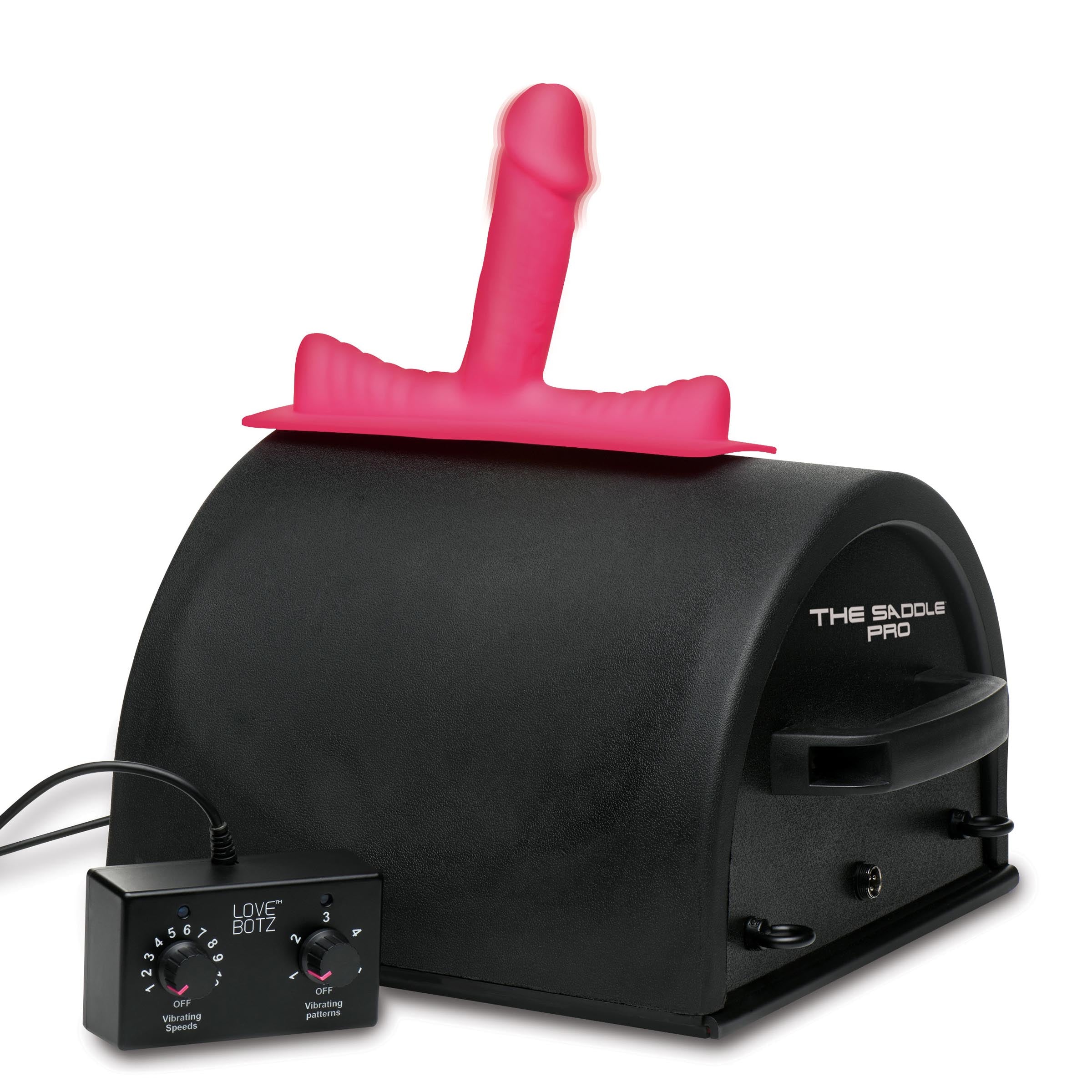 Saddle Pro Sex Machine with remote control, black and pink design